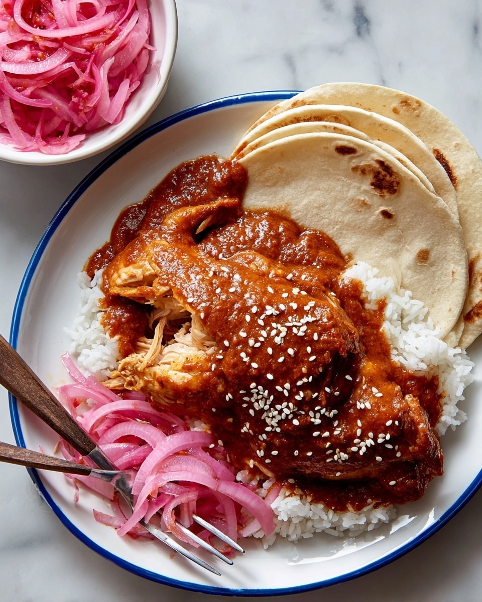 On a white plate with a blue rim, there is a large piece of chicken covered in thick, reddish-brown sauce sprinkled with white sesame seeds. The chicken sits partly on a layer of fluffy white rice, which is topped with thin, pink pickled onions. On the side of the plate, three soft white tortillas overlap slightly. A fork and knife cut into the chicken, revealing moist, light-colored meat inside. In the upper left corner, there is a white bowl filled with more pink pickled onions, all placed on a white marbled surface. photo taken with an iphone --ar 4:5 --v 7