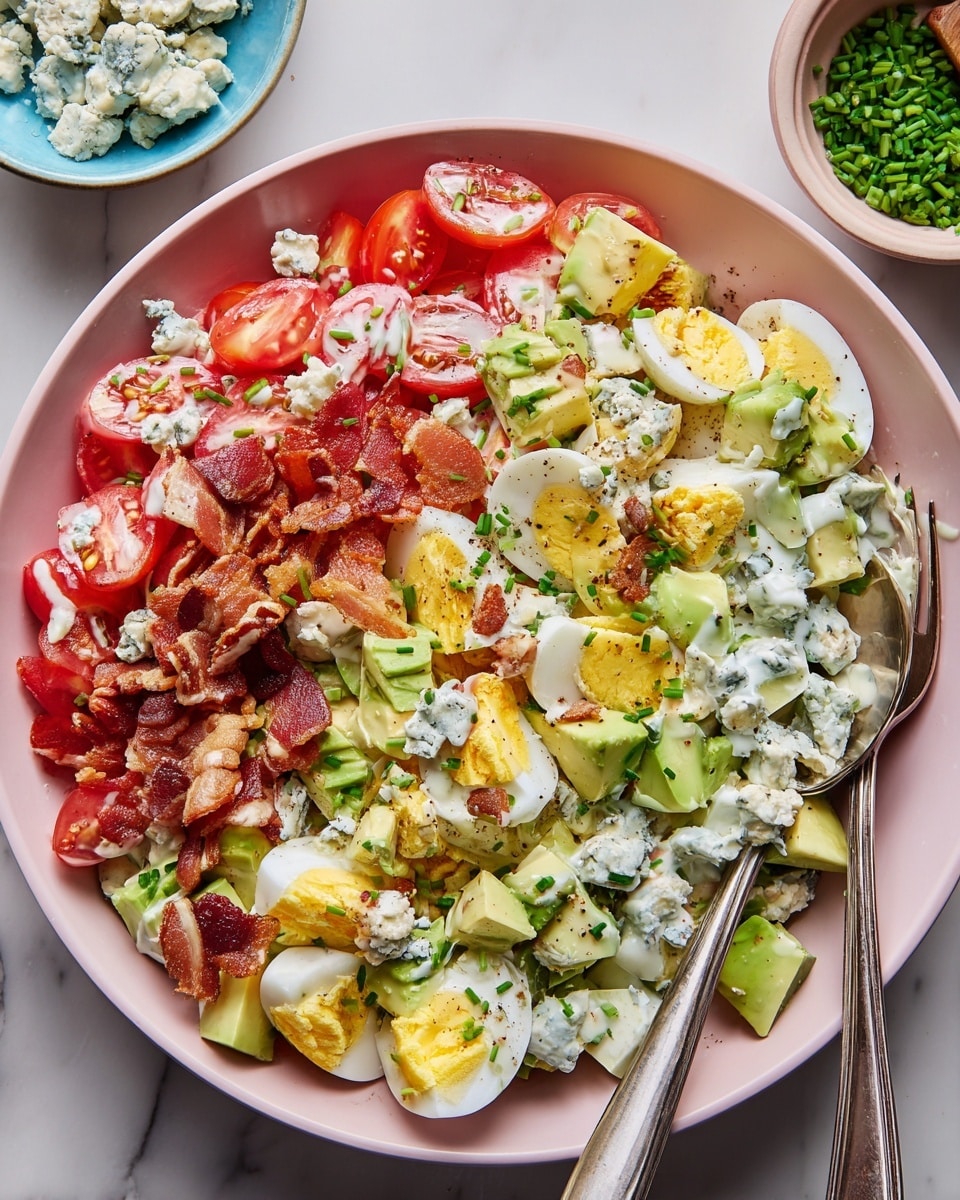 A close-up view of a chunky salad served in a white bowl, filled with several layers: bright yellow and white chunks of hard-boiled eggs scattered throughout, red cherry tomato halves, creamy light green avocado pieces, and crispy dark reddish-brown bacon strips. Tangy blue cheese crumbles with pale blue veins and green chopped chives are sprinkled on top, adding texture and color. A white spoon holds a mix of these ingredients, showing the creamy dressing coating them lightly, with the background being a white marbled surface. photo taken with an iphone --ar 4:5 --v 7