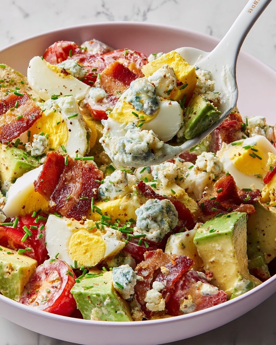 A large light pink bowl filled with a colorful salad made of multiple layers: the bottom layer contains chopped hard-boiled eggs with white and yellow pieces, mixed with chunks of light green avocado; scattered evenly are bright red cherry tomato halves, deep red crispy bacon strips, and small crumbles of blue cheese with a light blue and white marbled texture; the entire salad is lightly coated with a creamy white dressing and sprinkled with finely chopped green chives. A silver spoon and fork rest on the right side inside the bowl. The bowl is placed on a white marbled surface, with a small bowl of blue cheese and green chopped chives nearby. photo taken with an iphone --ar 4:5 --v 7