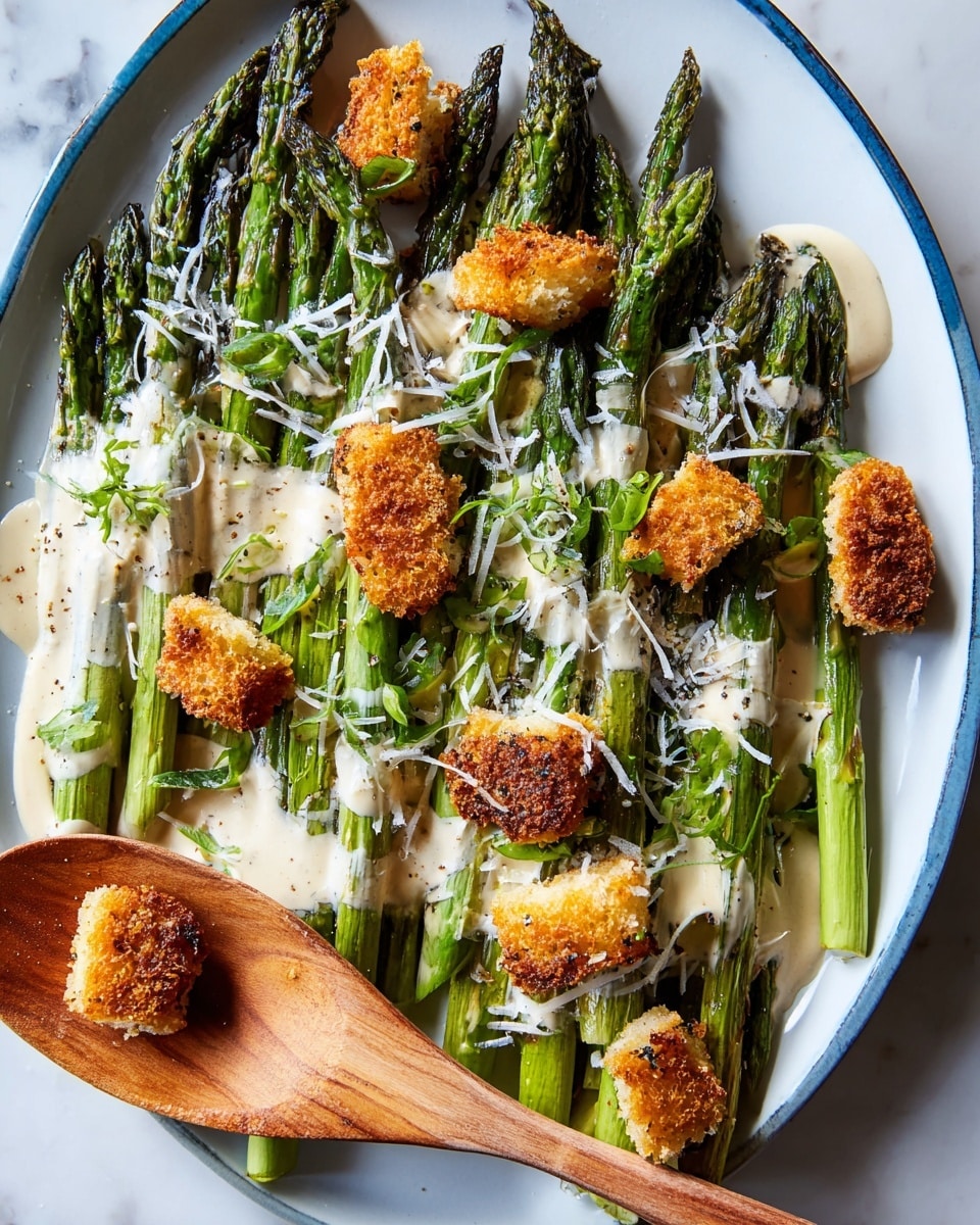 A white plate holds bright green grilled asparagus stalks arranged close together, each stalk showing slight char marks and a shiny texture. Over the asparagus, there are scattered brown, crisped croutons and several small, golden, crispy breaded rounds with a crunchy texture on top. The dish is topped with thick, creamy off-white sauce drizzled unevenly, along with thin shreds of pale grated cheese sprinkled over everything. A wooden spoon with a light brown handle partially covers the plate on the bottom left side, and the whole scene sits on a white marbled surface. photo taken with an iphone --ar 4:5 --v 7