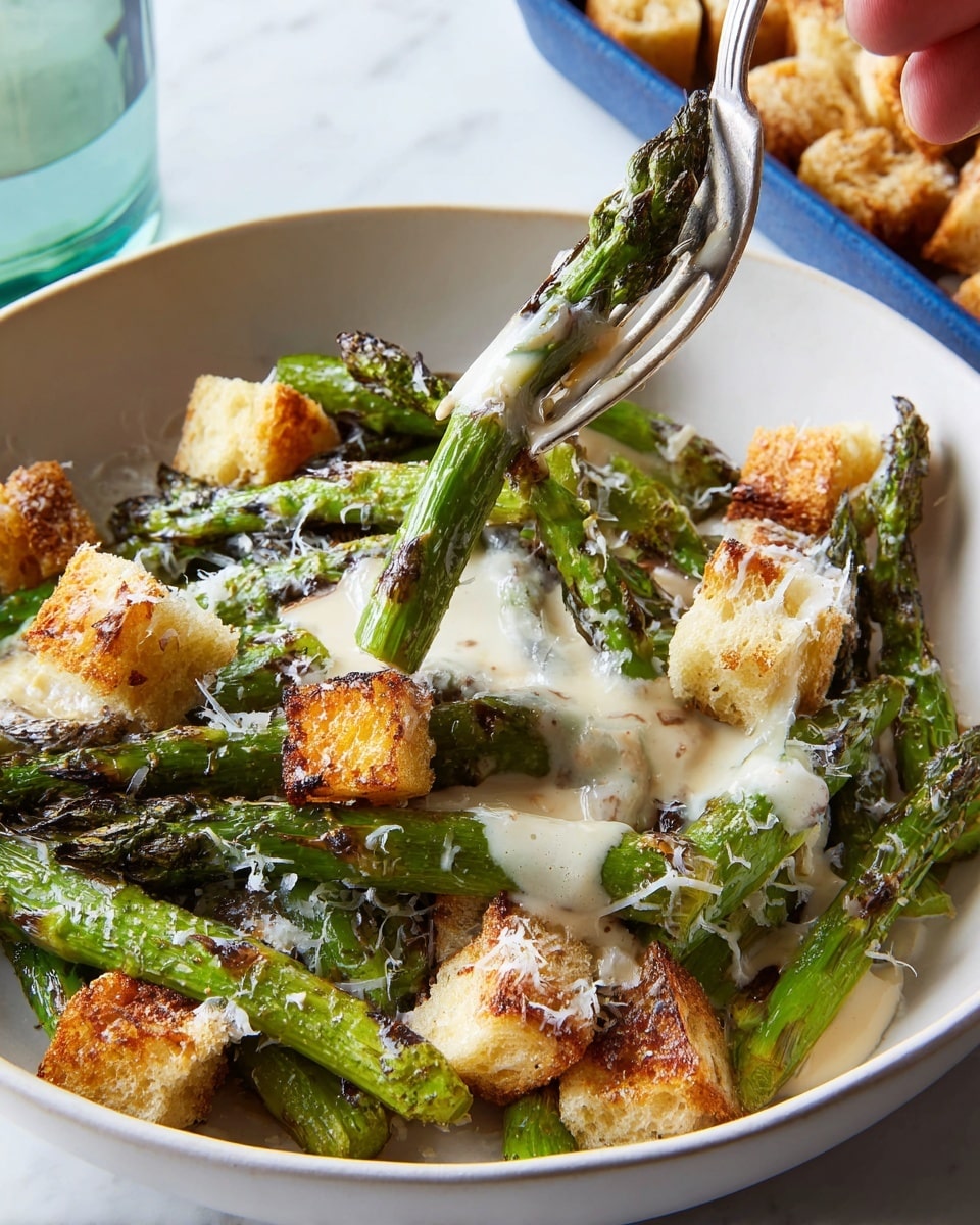 The image shows a white round shallow bowl filled with grilled green asparagus spears arranged in a loose pile. The asparagus has slight char marks and is drizzled with a creamy white sauce. Scattered over the asparagus are golden brown toasted bread cubes with a crunchy texture, sprinkled with fine grated white cheese. A silver fork held by a woman's hand lifts two asparagus spears above the bowl. The bowl rests on a white marbled surface with a blurred blue tray in the background containing more bread cubes. Photo taken with an iphone --ar 4:5 --v 7