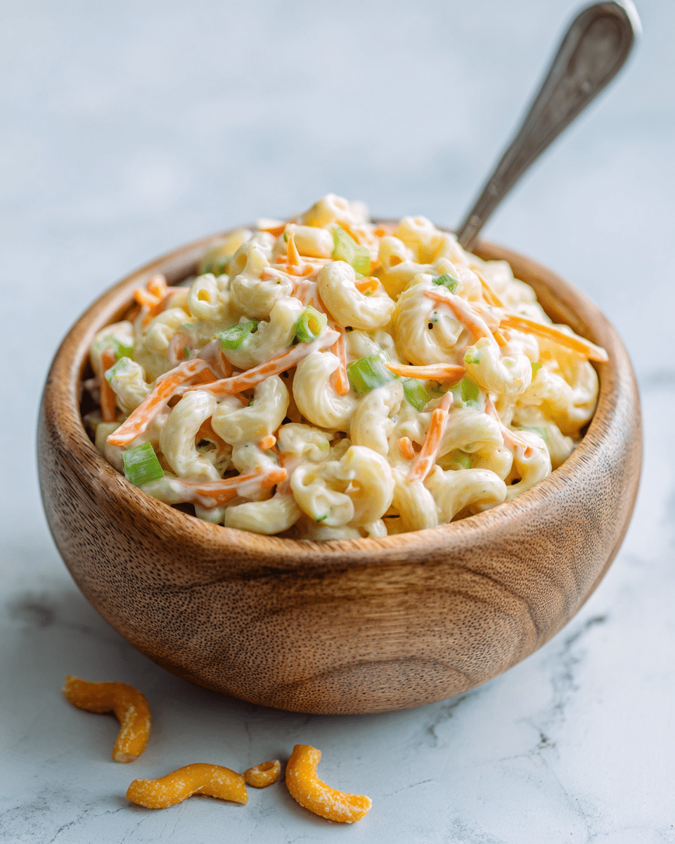 A wooden bowl filled with macaroni salad sits on a white marbled surface. The salad has three main layers: the bottom layer is pale yellow elbow macaroni coated in a creamy white dressing; the middle layer includes thin orange carrot strips mixed evenly throughout; the top layer contains small green celery pieces adding a fresh crunch. A silver spoon is partially visible inside the bowl on the left side. A few pieces of macaroni and carrot strips are scattered around the bowl on the white marbled surface. photo taken with an iphone --ar 4:5 --v 7
