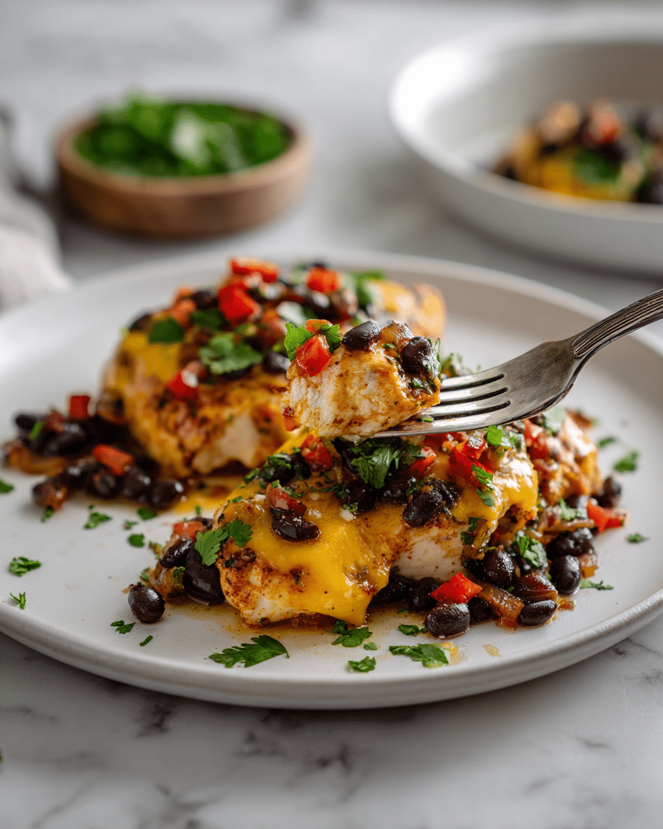 The dish shows two pieces of cooked chicken breast on a white plate, each topped with melted yellow cheese and black beans scattered over them. On top of the cheese-covered chicken are some cooked red bell pepper strips and caramelized onions, adding red and brown shades and soft texture. Around the chicken, more black beans and sautéed onions spread out loosely, while small green cilantro leaves are sprinkled on top for a fresh touch. A fork holds a bite of chicken mixed with a red pepper strip and an onion slice in the foreground. The white plate sits on a white marbled surface with part of a bowl of green herbs visible on the side. Photo taken with an iphone --ar 4:5 --v 7