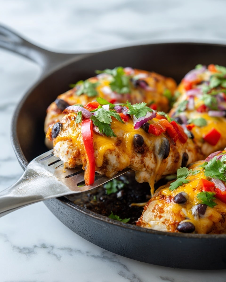 A close-up of cooked chicken breasts in a black cast iron pan, each piece topped with melted orange cheddar cheese, black beans, and strips of red bell pepper with a few cooked, translucent onion slices scattered on top, garnished with small fresh green cilantro leaves. One piece is held above the pan on a silver spatula showing the three main layers: a browned chicken base, a melted cheese middle, and a colorful topping of black beans, red peppers, and cilantro. The background is a white marbled texture. Photo taken with an iphone --ar 4:5 --v 7