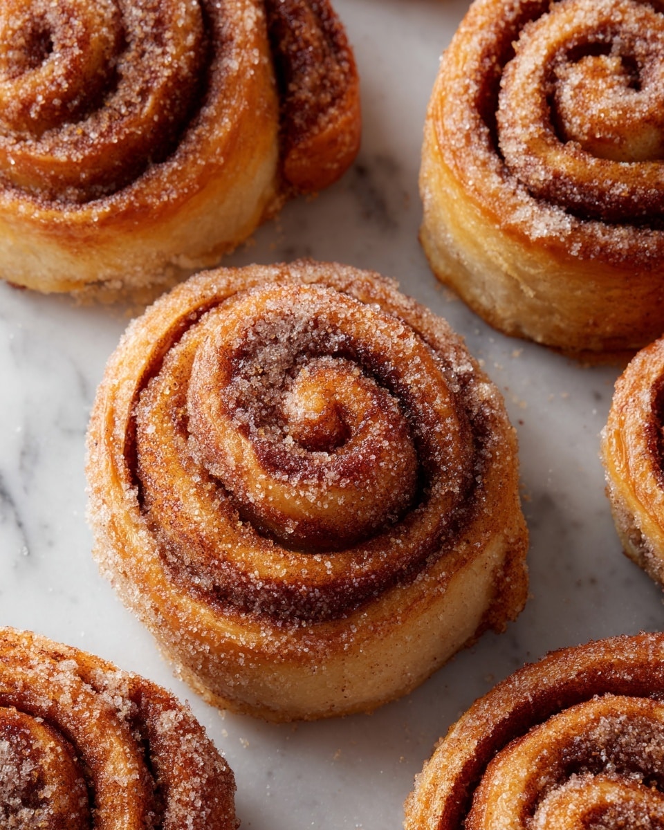 A close-up view of several cinnamon rolls laid out on a surface with a white marbled texture, each roll showing multiple spiraled layers of golden brown dough with a darker cinnamon filling swirled inside. The rolls have a rough texture on top, coated evenly with a dusting of fine sugar and cinnamon, giving them a slightly grainy look. The edges of the rolls are slightly darker, showing a crispy baked finish, while the inner layers appear soft and fluffy with a warm caramel color. Photo taken with an iphone --ar 4:5 --v 7