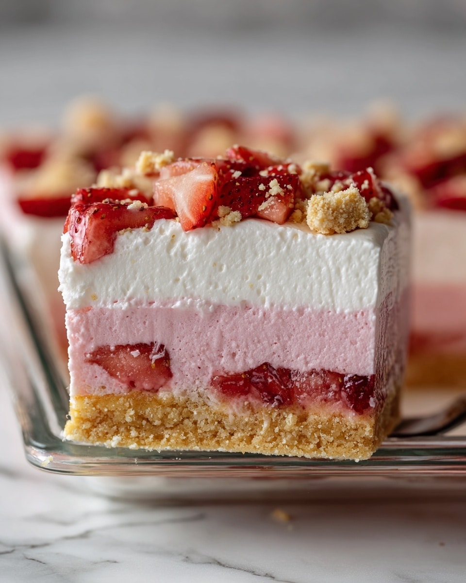 A slice of layered dessert on a white plate with a white marbled surface beneath. The bottom layer is a light brown crumbly crust, followed by a thick white creamy layer. Above this is a vibrant pink mousse layer, topped with a thick white whipped cream layer. On top, there are pieces of golden cookies and fresh red strawberries with their seeds visible. A silver fork is cutting into the slice from the right side, pressing into the layers slightly. The image is close-up, showing details of the textures and colors. Photo taken with an iphone --ar 4:5 --v 7