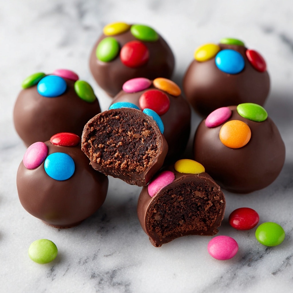 The image shows nine round chocolate balls with a smooth, shiny dark chocolate coating, arranged closely together on a white marbled surface. Each ball is decorated on top with colorful candy pieces in bright green, blue, pink, red, yellow, and orange, adding a playful and vibrant touch. One of the chocolate balls is cut in half, revealing a dense, moist chocolate cake inside with a rich, crumbly texture. A few loose colorful candies are scattered around the chocolates for a casual look. photo taken with an iphone --ar 4:5 --v 7