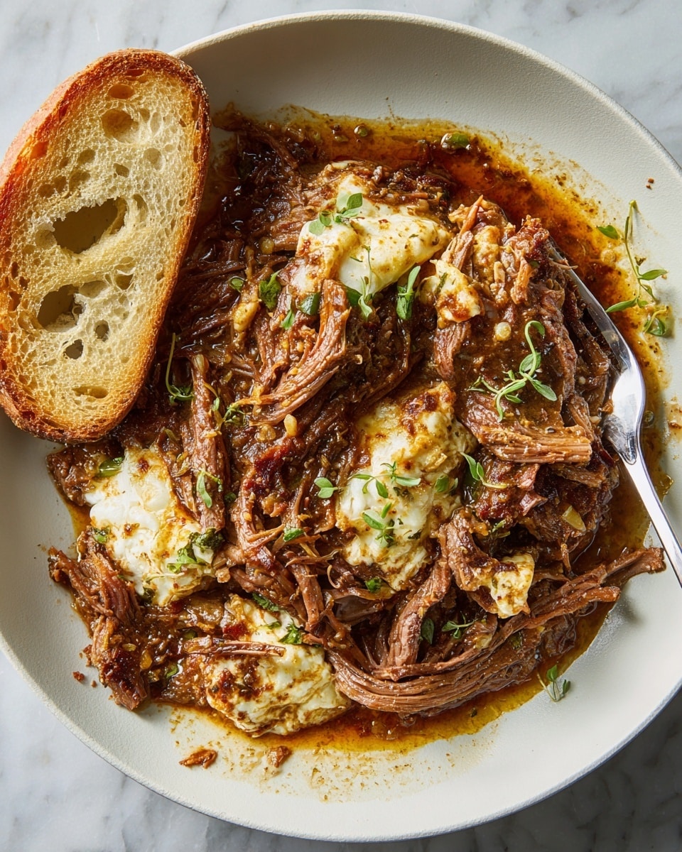 The dish shows a white round plate filled with shredded beef cooked in a rich brown sauce, with visible glistening juices around the meat. The beef layers vary in texture, some tender and stringy, others showing a slight crispy char on the edges. Melted patches of cheese are spread unevenly over parts of the beef, adding creamy white-yellow areas. Small green herb sprigs are sprinkled on top for color contrast. On the left side of the plate, there is one slice of toasted bread with a golden-brown crust and a porous, airy inside. A fork with some sauce drops on it rests on the right side, partially immersed in the sauce. The plate sits on a white marbled surface. photo taken with an iphone --ar 4:5 --v 7