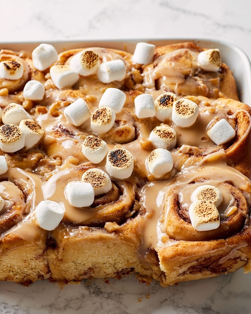 The image shows a close-up of a baked dessert with multiple swirled layers in a golden-brown tone, indicating a soft, fluffy texture inside. On top, there are toasted marshmallows scattered unevenly, each with a white puffy base and a browned, slightly crispy top. A light brown, smooth glaze is drizzled over the dessert, partially covering the swirled layers and marshmallows, adding a glossy finish. The whole dish rests on a white marbled surface. photo taken with an iphone --ar 4:5 --v 7