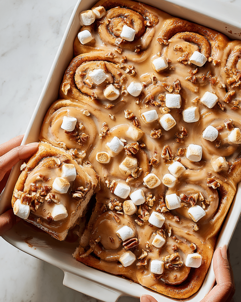 A close-up of soft cinnamon rolls arranged in a white rectangular baking dish, each roll showing a golden brown spiral dough base with a smooth, light brown glaze drizzled over the top. Scattered across the surface are small toasted marshmallows with a caramelized, slightly burnt top, giving a mix of white and golden textures. Chopped pecans are sprinkled lightly over the rolls, adding a crunchy contrast to the soft dough and glaze. One cinnamon roll is being lifted from the corner of the dish by a pair of hands, revealing the thick glaze and gooey texture inside. The dish rests on a white marbled surface. photo taken with an iphone --ar 4:5 --v 7