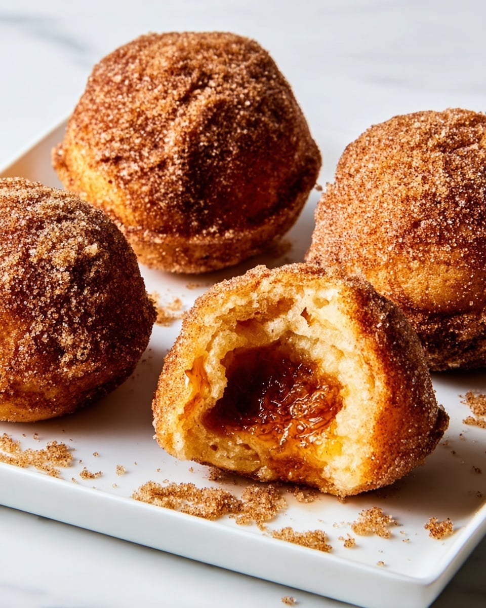 The image shows four round, golden brown dough balls covered with a rough layer of cinnamon sugar, placed on a white rectangular plate on a white marbled surface. One dough ball is broken open in the front center, displaying a soft, moist, cinnamon-coated interior with a glossy, sticky texture, while the other three dough balls remain whole, with a slightly crispy and textured outer layer. Small crumbs of cinnamon sugar are scattered around the open ball, adding a crumbly detail to the scene. Photo taken with an iphone --ar 4:5 --v 7