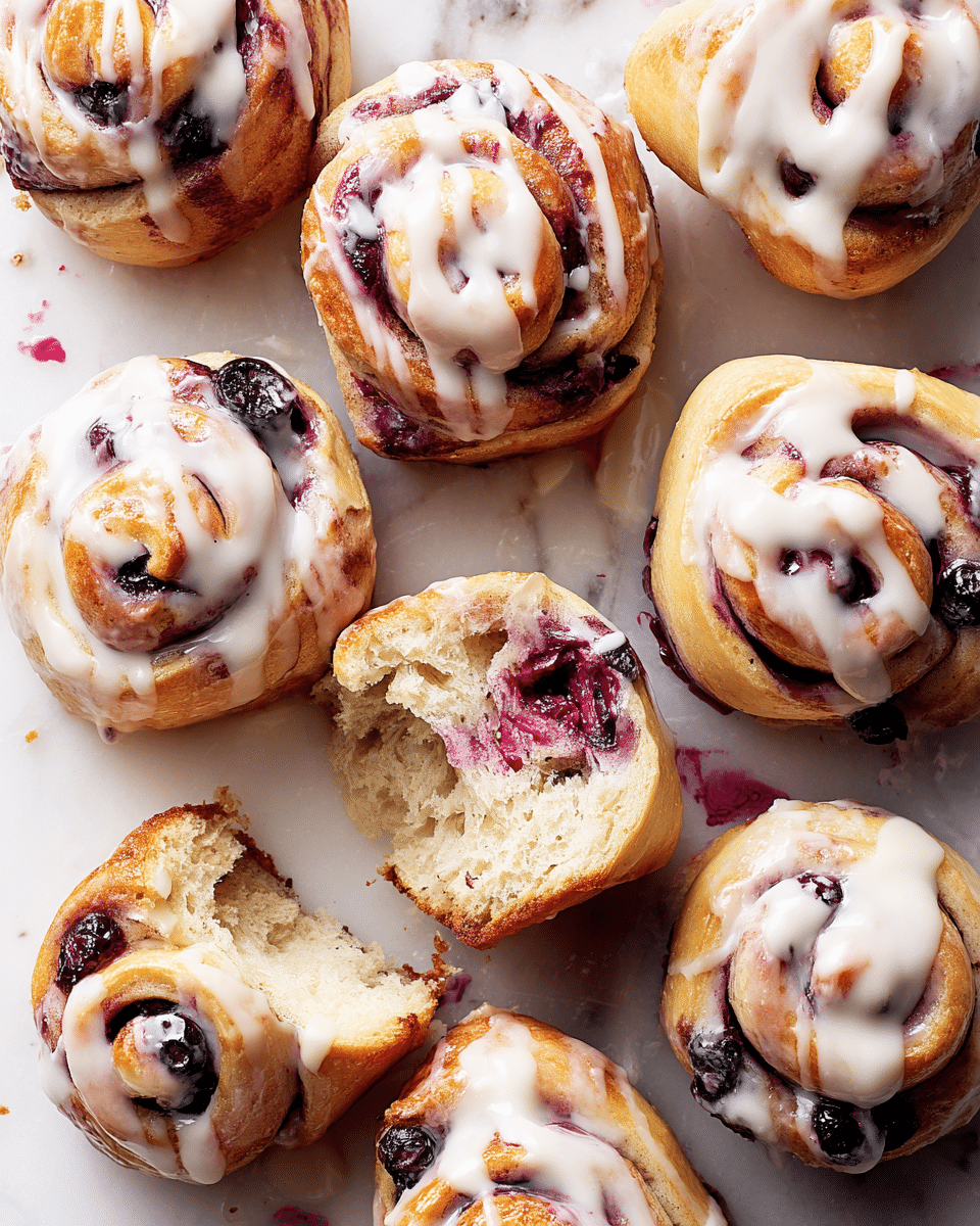 Several soft, golden-brown buns with visible twisted layers of light dough and dark purple fruit filling are scattered on a white marbled surface. Each bun is topped with a light drizzle of creamy white icing that contrasts with the deep purple spots from the fruit filling. One bun is broken open to show its fluffy, light interior with swirls of purple filling inside. The surface has a few drops of icing and fruit filling scattered around the buns, adding to the fresh and inviting look. photo taken with an iphone --ar 4:5 --v 7
