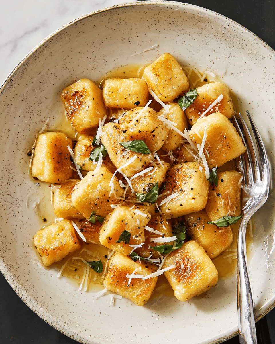 The dish shows small, square pieces of golden-brown gnocchi arranged in a close pile on a white plate with a slightly speckled texture. Each piece has a soft, pillowy look with slight searing marks and a light shiny coating from a sauce beneath them. The sauce is thin and golden and pools slightly around the gnocchi. Small green herb leaves and thin shreds of white cheese are scattered on and around the gnocchi. A metallic fork rests partly underneath the gnocchi on the right side of the plate. The background shows a white marbled surface. photo taken with an iphone --ar 4:5 --v 7