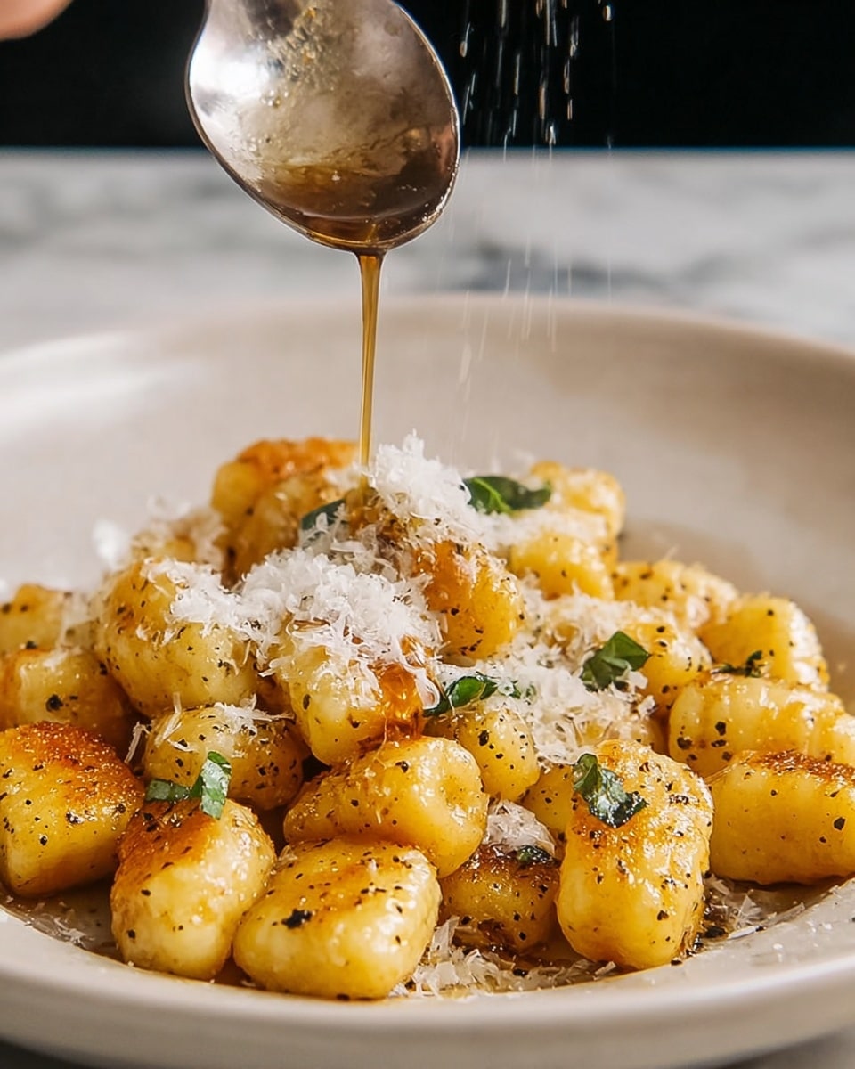 A close-up view of a white plate filled with golden-brown gnocchi pieces, each piece showing a slightly crispy, textured surface with a light dusting of black pepper and small green herb bits. Some white grated cheese is sprinkled over the gnocchi, adding fine, delicate flakes on top. Above the plate, a spoon held by a woman's hand drizzles a brown sauce that glistens as it falls onto the gnocchi. The scene is set against a white marbled textured background. photo taken with an iphone --ar 4:5 --v 7