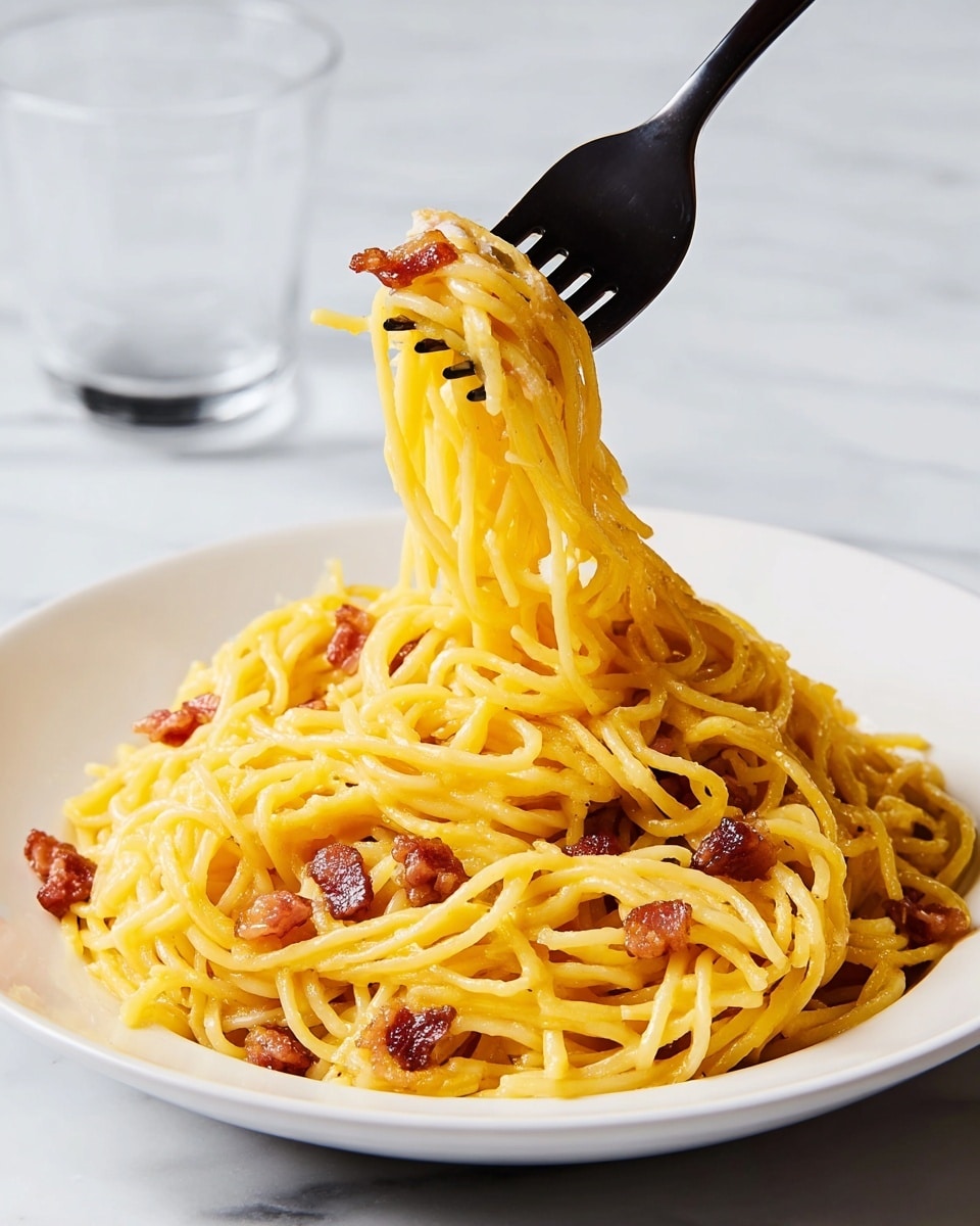 A white plate holds a mound of yellow spaghetti coated in a glossy sauce, with small chunks of browned bacon mixed throughout. A black fork lifts a twirl of spaghetti and a piece of bacon above the plate, showing the smooth texture of the pasta. The plate is set on a white marbled surface, and a glass is blurred in the background. photo taken with an iphone --ar 4:5 --v 7