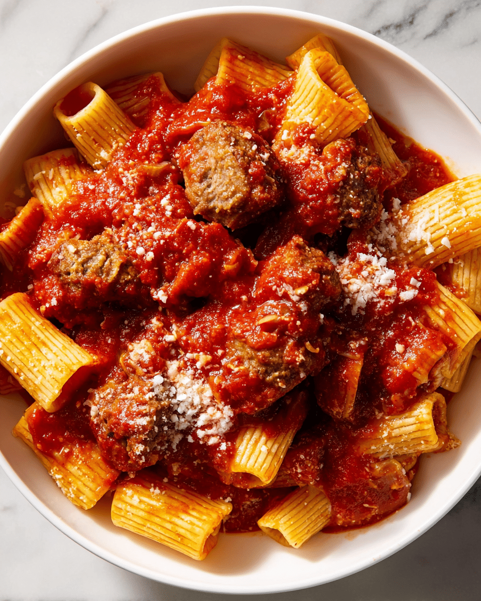 The image shows a white bowl filled with rigatoni pasta mixed with thick, chunky red tomato sauce. There are several pieces of meat, including meatballs and sausage slices, coated with the sauce and spread evenly on top and around the pasta. Some grated cheese is sprinkled over the entire dish, adding a light white contrast to the deep red sauce. The rigatoni pasta is arranged irregularly with visible ridges and a yellowish color beneath the sauce. The bowl sits on a white marbled surface. photo taken with an iphone --ar 4:5 --v 7