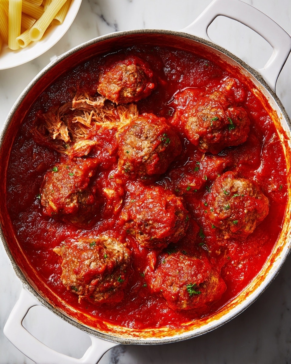 A white pot filled with a thick, rich red tomato sauce topped with seven meatballs that have a slightly browned exterior. The sauce is chunky with visible bits of tomato and herbs, partially covering the tender, shredded meat in the center. The pot has a smooth round shape with handles, and it sits on a white marbled surface. A white dish of uncooked rigatoni pasta is partially visible to the side. The colors include vibrant red sauce, golden brown meatballs, and pale beige pasta pieces. photo taken with an iphone --ar 4:5 --v 7