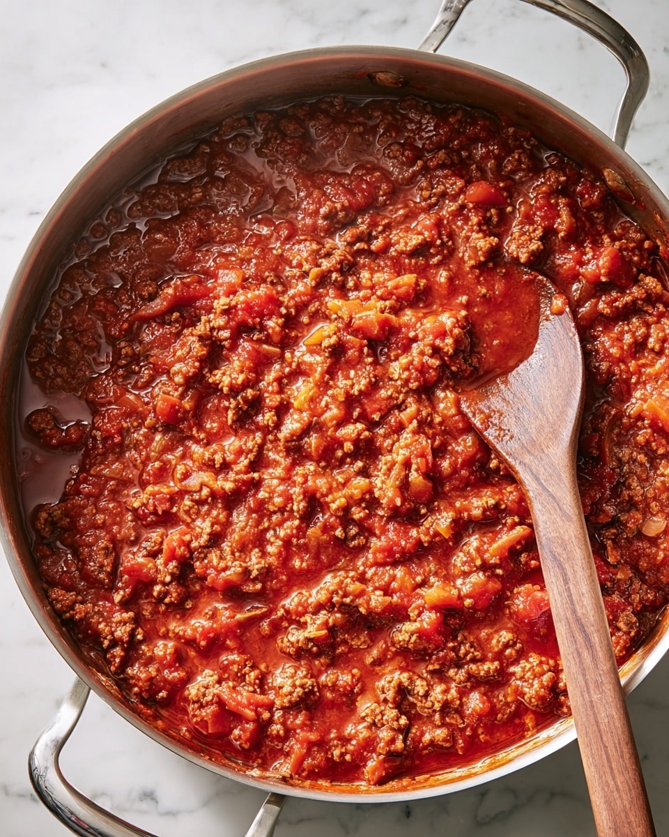 A large silver pot filled with a thick, chunky reddish-brown meat sauce with visible pieces of ground beef, diced tomatoes, and translucent onion chunks mixed throughout, showing a rich texture with some oily sheen on the surface. A wooden spoon with a smooth, dark wood handle is resting in the sauce on the right side of the pot. The pot sits on a white marbled surface. photo taken with an iphone --ar 4:5 --v 7