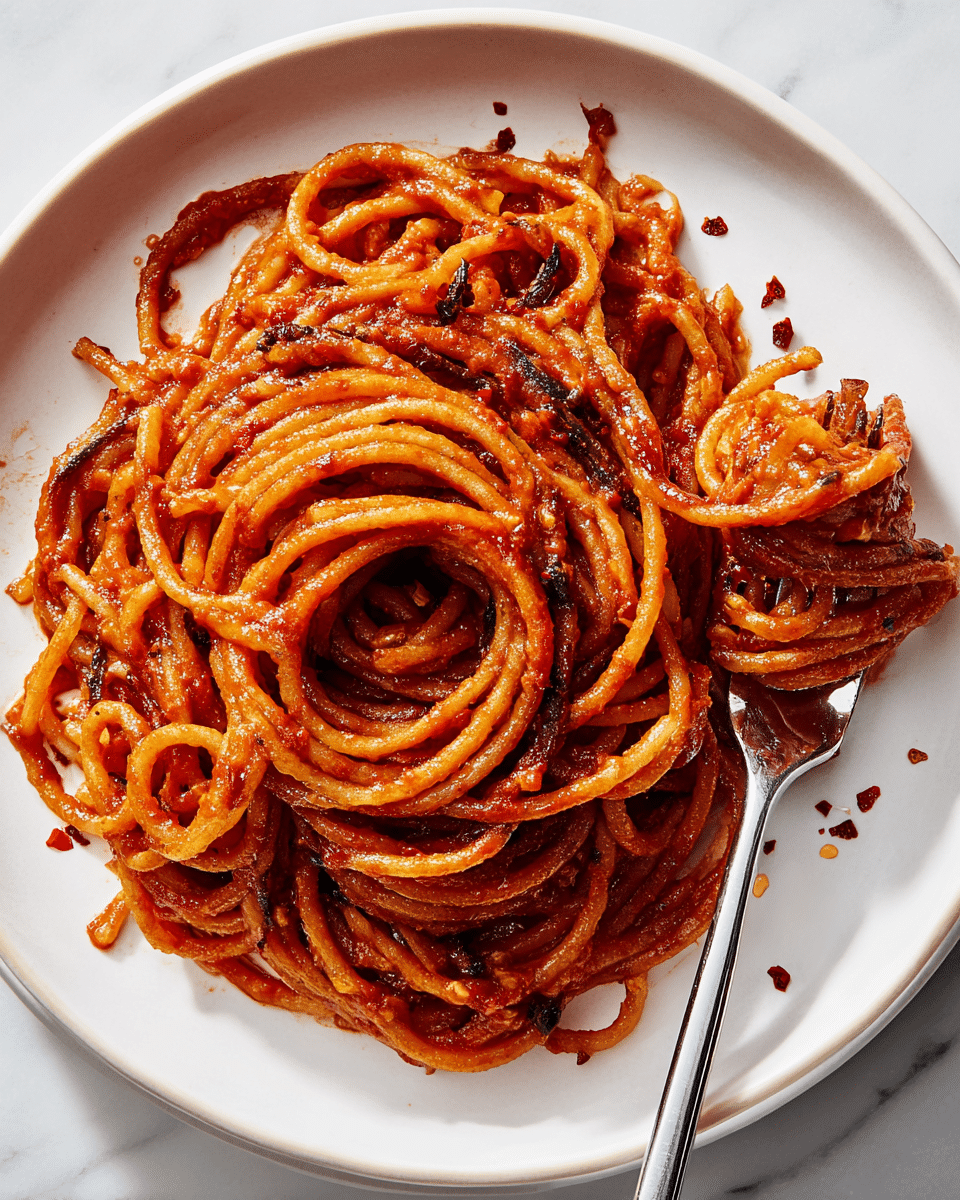 A close-up view of a white round plate filled with a single layer of spaghetti noodles covered in a thick, rich red tomato sauce, with some parts of the noodles showing a slight charred texture in dark brown and black. The spaghetti is twisted and piled loosely at the center of the plate, showcasing a glossy and slightly oily surface. On the right side of the plate, a silver fork holds a small twirl of the spaghetti, resting on the edge of the plate. Small red chili flakes are scattered lightly over the spaghetti and plate. The plate is placed on a white marbled surface. photo taken with an iphone --ar 4:5 --v 7