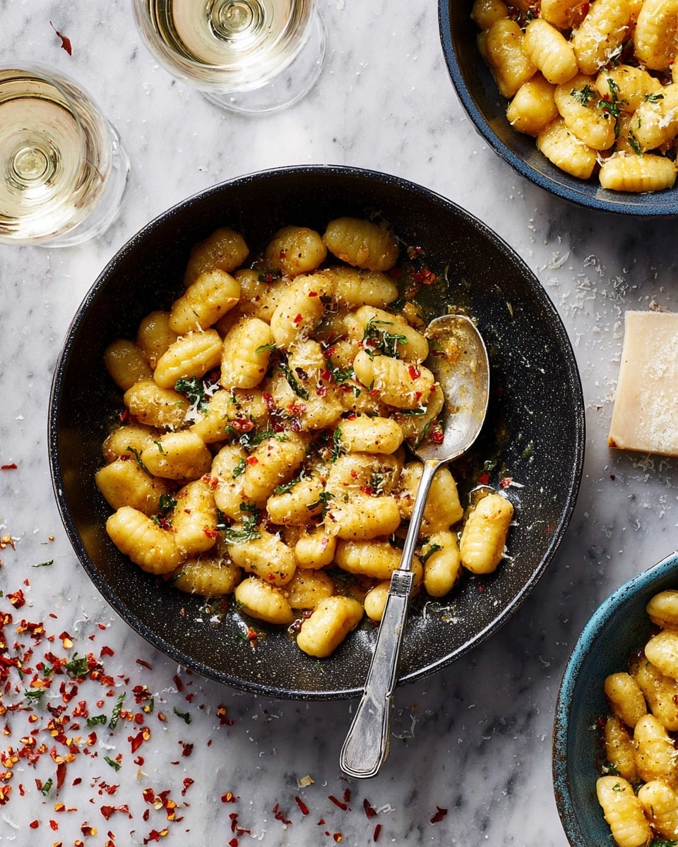 The image shows a black pan filled with gnocchi pasta coated in a shiny golden brown butter sauce with small bits of green herbs and red chili flakes sprinkled throughout. A silver spoon rests inside the pan among the plump, ridged gnocchi pieces, which are light yellow and soft in texture. The pan is placed on a white marbled surface with scattered red chili flakes and cheese crumbs around, adding to the rustic feel. There is a wine glass with white wine on the left edge and part of another black pan with more gnocchi visible on the right side, enhancing the cozy dining setting. Photo taken with an iphone --ar 4:5 --v 7
