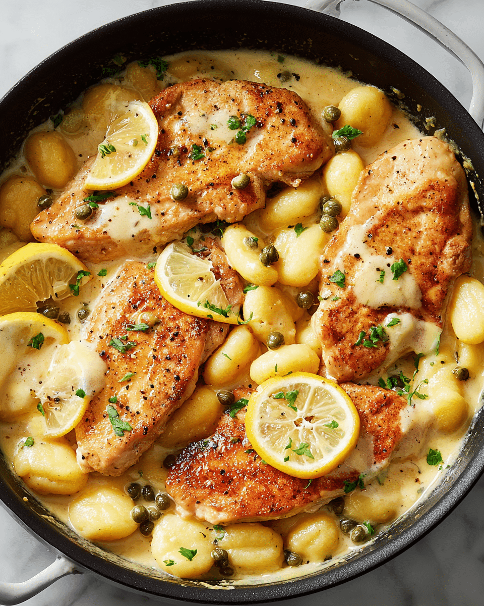 The image shows a close-up of four golden-brown chicken breasts cooked in a creamy light beige sauce. The chicken is slightly browned with some darker grill marks, topped with chopped green herbs and small green capers. Around the chicken, there are small, soft, yellow gnocchi pieces coated in the same creamy sauce. Bright yellow lemon slices are placed among the chicken and gnocchi, adding a fresh contrast. The dish appears to be in a pan on a white marbled surface, with the sauce slightly spread around the edges. The colors are warm and inviting, with a mix of creamy, yellow, and green tones. Photo taken with an iphone --ar 4:5 --v 7