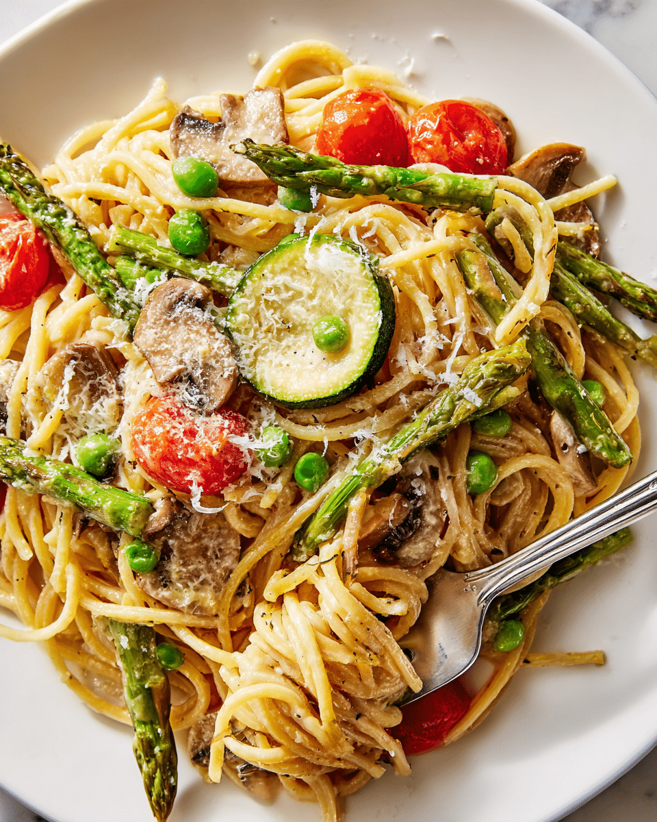 A close-up view of a white plate filled with spaghetti pasta mixed with various vegetables and light sauce. The pasta forms the main base layer, golden yellow and slightly glossy. Scattered throughout are green asparagus spears with a firm texture, bright green peas, and sliced zucchini rounds showing their pale green inner flesh with a darker green skin, placed on top and nestled among the pasta. Halved cherry tomatoes add vibrant red pops, partially cooked but still fresh looking. Thin slices of mushrooms with a soft beige tone are spread evenly throughout the dish. A sprinkling of finely grated white cheese is scattered on top of everything, adding texture and a hint of creaminess. A silver fork rests on the plate with some pasta twirling around its tines. The plate sits on a white marbled surface. photo taken with an iphone --ar 4:5 --v 7