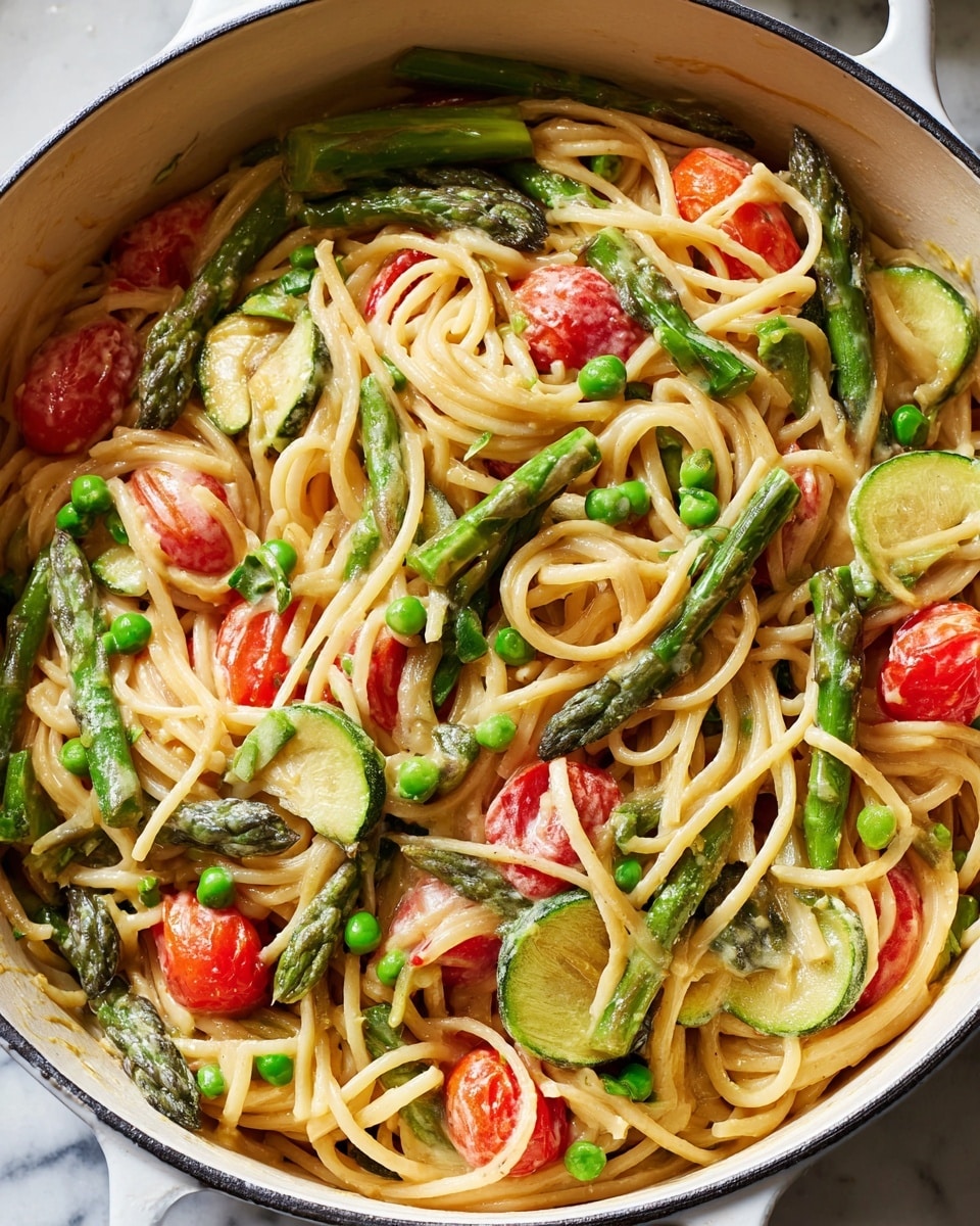 A close-up of a white pot filled with spaghetti pasta tossed in a light creamy sauce. The dish has layers of bright green asparagus pieces, semi-circular slices of zucchini with a pale green interior, halved red cherry tomatoes, and small green peas scattered throughout. The pasta strands are coated evenly with the sauce, showing a shiny and smooth texture, while the vegetables add pops of fresh color and a mix of soft and crisp textures. The pot rests on a white marbled surface. photo taken with an iphone --ar 4:5 --v 7