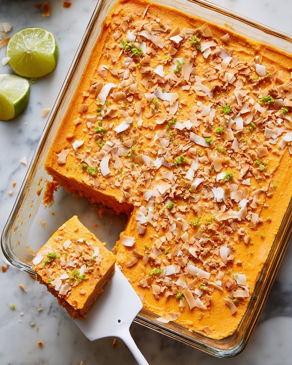 A clear glass square dish filled with one thick layer of bright orange, smooth pumpkin dessert topped with scattered toasted coconut flakes and tiny green lime zest bits. A piece is cut out and placed on a white spatula, showing the same single orange layer. The dish sits on a white marbled surface with some scattered toasted coconut flakes around it. Photo taken with an iphone --ar 4:5 --v 7