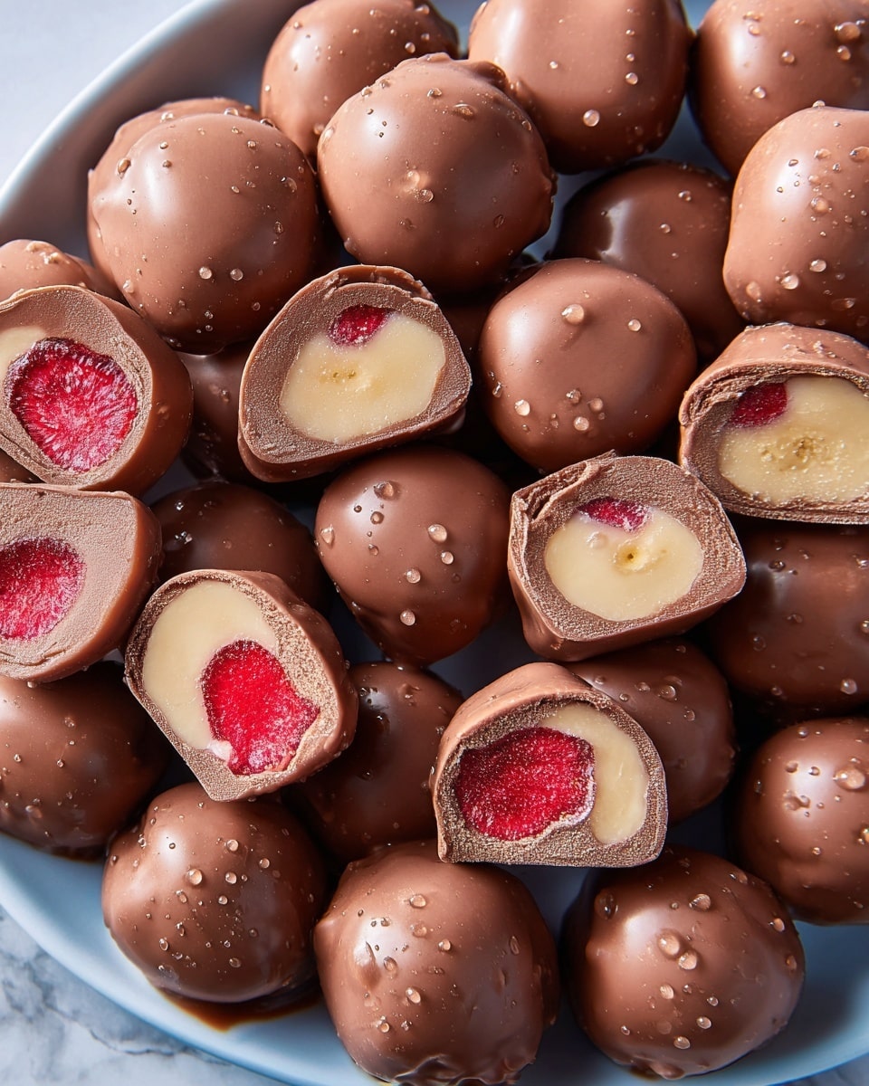 A close-up view of many small, irregularly shaped chocolates with a shiny milk chocolate coating that has tiny droplets of moisture on the surface, arranged closely together on a white plate. Some chocolates are whole, showing a smooth light brown outer layer, while a few are cut in half, revealing different inner fillings: one with a bright red, juicy raspberry layer surrounded by a creamy white filling, and another with a soft pale yellow banana layer covered by the same creamy white filling. The white plate contrasts with the chocolates’ glossy finish, and the background has a soft white marbled texture. photo taken with an iphone --ar 4:5 --v 7