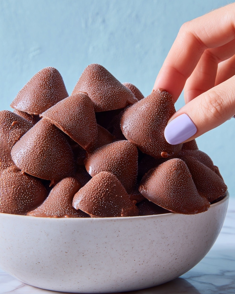 A close-up of a white bowl filled with many cone-shaped chocolate pieces, each covered with tiny water droplets giving them a frosty look. The chocolates are layered irregularly, showing smooth textures and soft edges. A woman's hand with light purple painted nails is picking one chocolate from the top right side. The background is a plain, light blue color, and the surface under the bowl is a white marbled texture. photo taken with an iphone --ar 4:5 --v 7