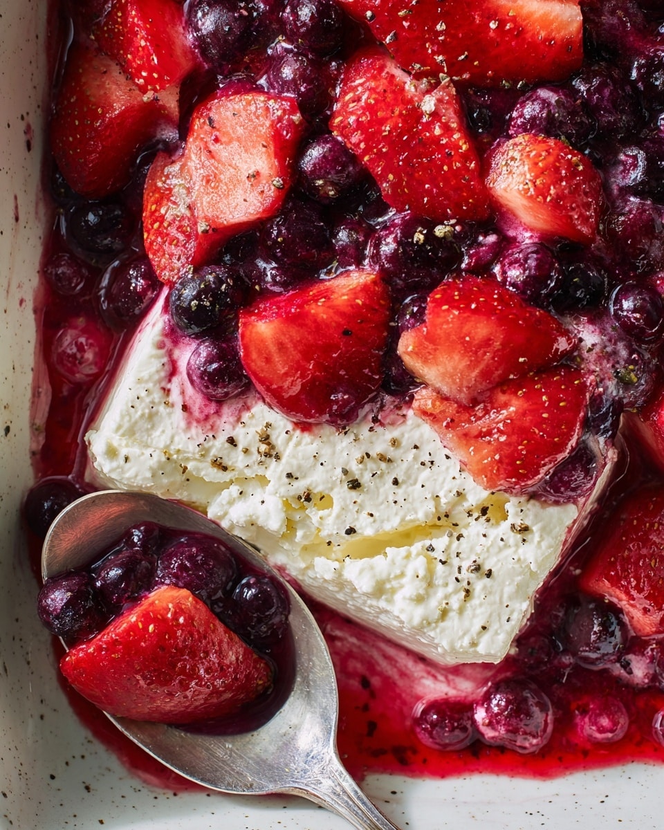 A close-up view of a dish with two main layers: the bottom layer is a block of soft white cheese seasoned with small black pepper flakes, showing a smooth and slightly crumbly texture, and the top layer is a mix of bright red sliced strawberries and deep purple whole blueberries in a juicy, thick syrup that spreads across the edges of the cheese; a silver spoon in the bottom left corner holds a few berries and some syrup, all placed on a white marbled texture. Photo taken with an iphone --ar 4:5 --v 7