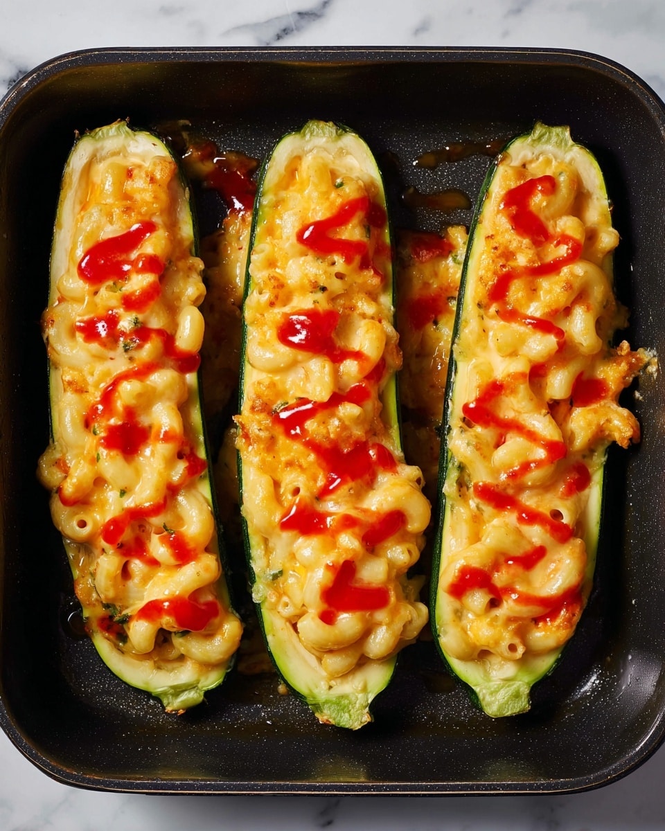 The image shows three zucchini boats placed side by side in a black baking dish. Each zucchini is cut in half lengthwise with the green skin forming the bottom layer, hollowed out and filled with creamy, light yellow macaroni and cheese. The macaroni is coated in thick melted cheese, slightly browned and layered evenly inside each zucchini half. Bright red sauce is drizzled on top, creating small shiny pools and streaks over the cheese. The black baking dish contrasts with the vibrant colors of the zucchini and cheese. The background is a white marbled texture. photo taken with an iphone --ar 4:5 --v 7