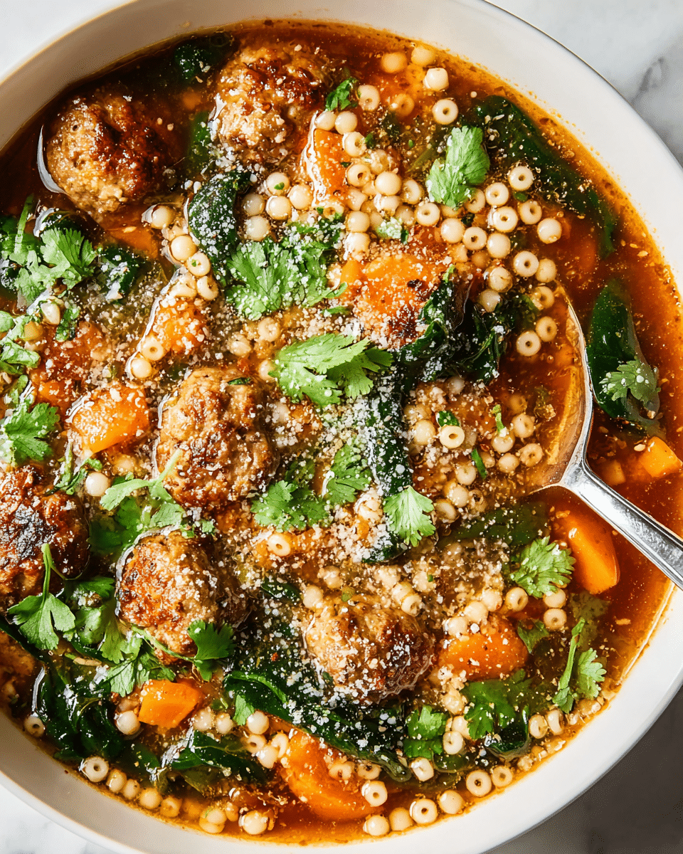 A white bowl filled with a rich brown broth soup layered with round pearl-like pasta, orange chunks of carrot, and green leafy spinach floating on top. Brown meatballs with a slightly rough texture are partially submerged in the broth, sprinkled with a light dusting of grated cheese and fresh bright green cilantro leaves scattered all over. A metallic spoon rests inside the bowl, all set on a white marbled surface. photo taken with an iphone --ar 4:5 --v 7
