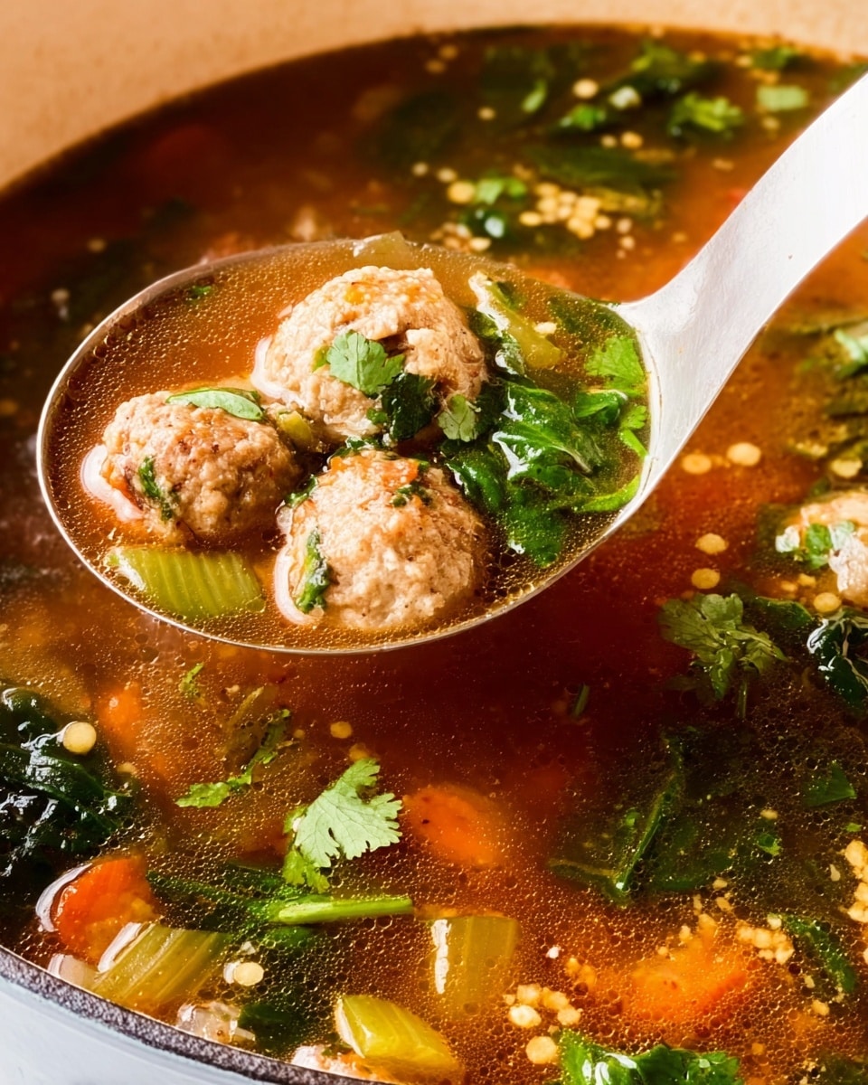 A large white ladle is lifting a spoonful of soup from a pot, showing three light brown meatballs with a slightly rough texture, chunks of orange carrot, green leafy spinach, and celery pieces, all resting on a clear brown broth with small yellow grains. The soup surface is sprinkled with fresh green cilantro leaves, and the background is a white marbled texture. photo taken with an iphone --ar 4:5 --v 7