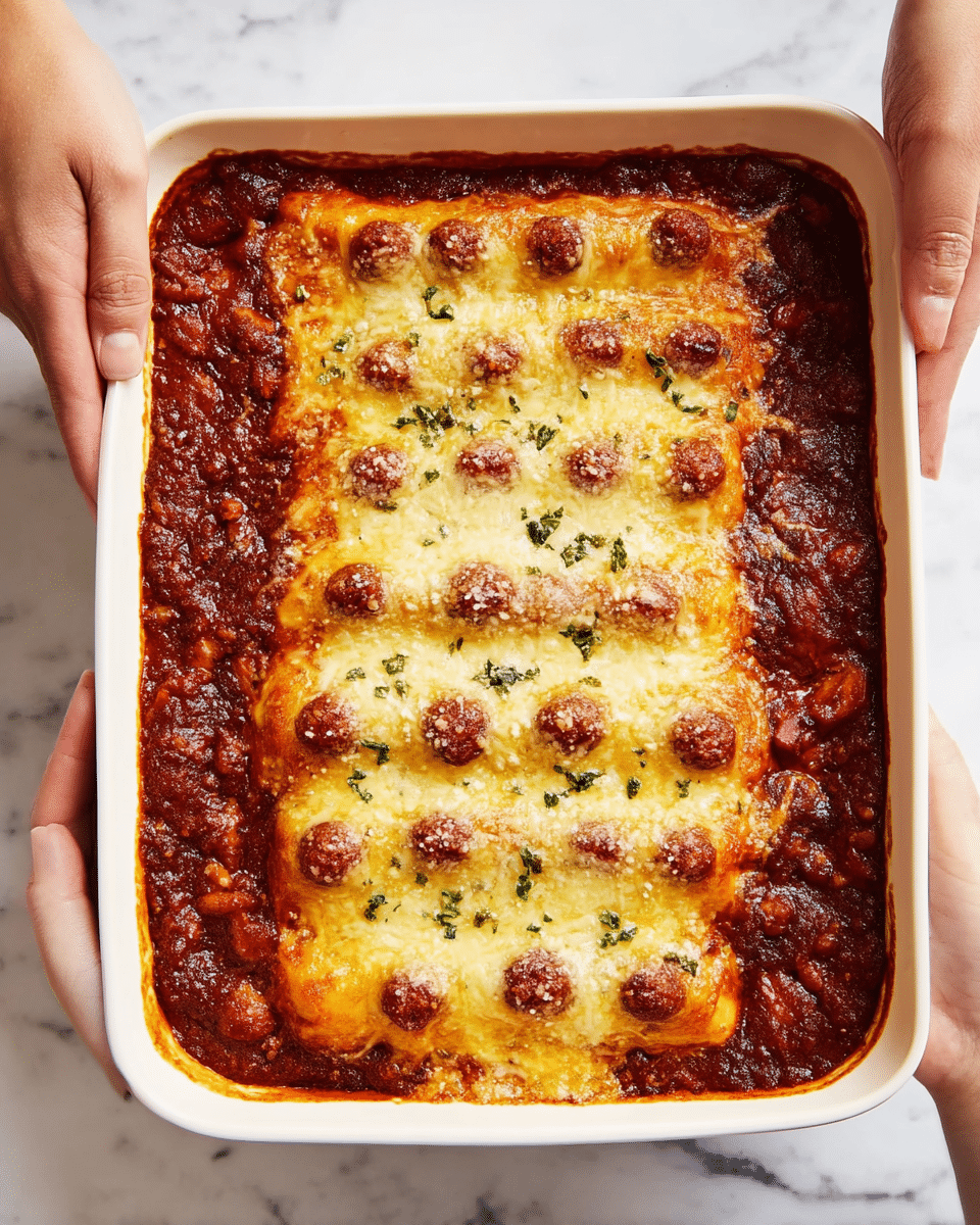 A white rectangular baking dish held by two woman's hands shows a baked dish with three layers: the bottom layer is a thick, dark reddish-brown sauce with a glossy texture, the middle layer has visible small sausages partially covered, and the top layer is made of golden brown melted cheese, cut into six strips with a slightly crispy, bubbly texture sprinkled with small green herbs. The dish rests on a white marbled surface. photo taken with an iphone --ar 4:5 --v 7