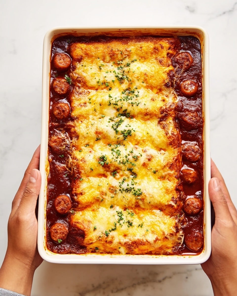 A rectangular white ceramic dish filled with a baked casserole consisting of two main layers: the bottom layer is a rich, dark brown sauce with visible chunks of ingredients, and on top, there are evenly spaced golden-brown baked cheese slices that stretch across the middle, partially covering small sausages peeking through. The cheese layer is textured with small green herbs sprinkled on top, adding a touch of color contrast. Two woman's hands are gently holding the dish on either side, with the dish placed on a white marbled surface. Photo taken with an iphone --ar 4:5 --v 7