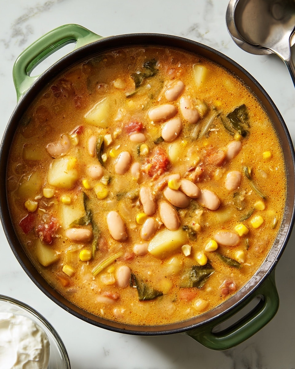 A close-up view of a thick, creamy soup served in a black pot with green handles sitting on a white marbled surface. The soup has three main layers: the base is a rich orange-yellow broth with a slightly chunky texture; embedded within are a mix of large white beans, smaller reddish beans, bright yellow corn kernels, and diced white potatoes; scattered throughout are small pieces of green leafy vegetables and bits of diced tomatoes adding pops of color. A small clear glass bowl with white sour cream is placed behind the pot on the left side, and a metal ladle handle is visible on the right side. The photo taken with an iphone --ar 4:5 --v 7