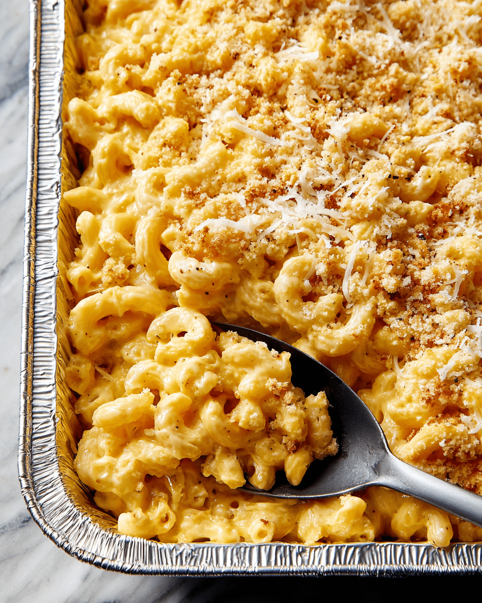 A close-up image of a foil tray filled with creamy macaroni and cheese. The dish has a thick layer of elbow pasta coated evenly in smooth, melted yellow cheese sauce. On top, there is a light sprinkling of grated cheese and small crumbled bits that look like breadcrumbs, adding texture. A large silver spoon is partially scooping some macaroni from the right side, showing the soft and cheesy texture inside. The background is a white marbled texture. photo taken with an iphone --ar 4:5 --v 7