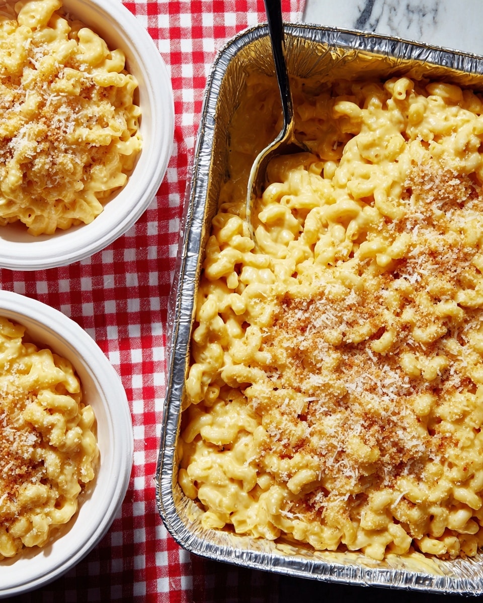 The image shows a creamy mac and cheese dish with one large layer of elbow pasta covered in smooth, melted cheese sauce. The pasta is pale yellow, soft, and looks rich with cheese. On top, there is a light sprinkle of grated cheese and some breadcrumbs, giving a bit of texture contrast. The food is served in a large aluminum tray on the right, with a silver spoon sticking out from the top, and two white bowls filled with the same mac and cheese to the left side. The whole scene is set on a white marbled surface covered with a red and white checkered tablecloth beneath the dishes. photo taken with an iphone --ar 4:5 --v 7