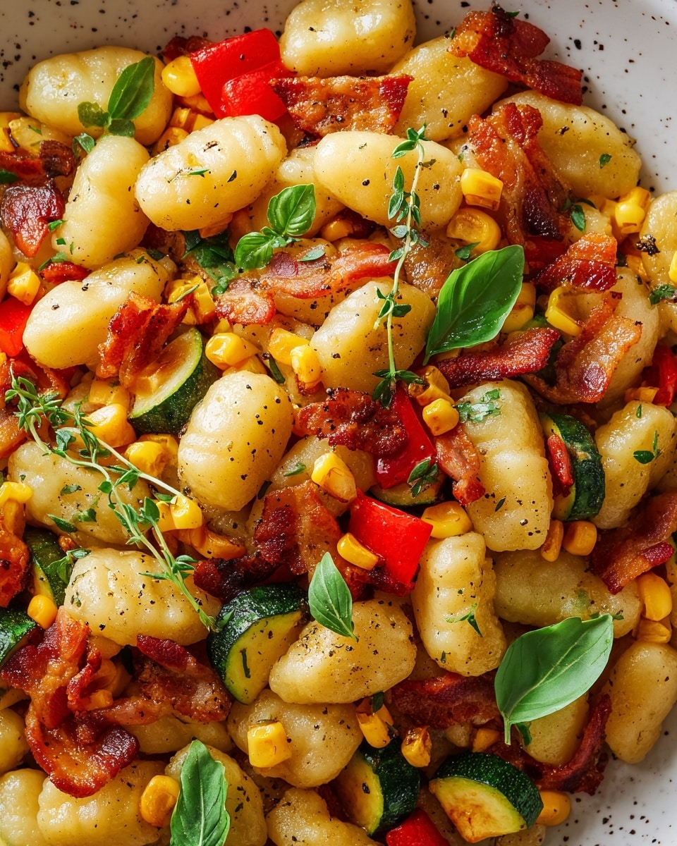 The close-up image shows a colorful and textured dish of cooked gnocchi mixed with bright yellow corn kernels, pieces of crispy reddish-brown bacon, and chopped red bell peppers. There are also small slices of green zucchini and scattered fresh green basil leaves and thyme sprigs throughout. The gnocchi are light golden with a slight shine, dusted with black pepper. The ingredients are mixed evenly, creating a vibrant and fresh look on a white marbled texture. Photo taken with an iphone --ar 4:5 --v 7