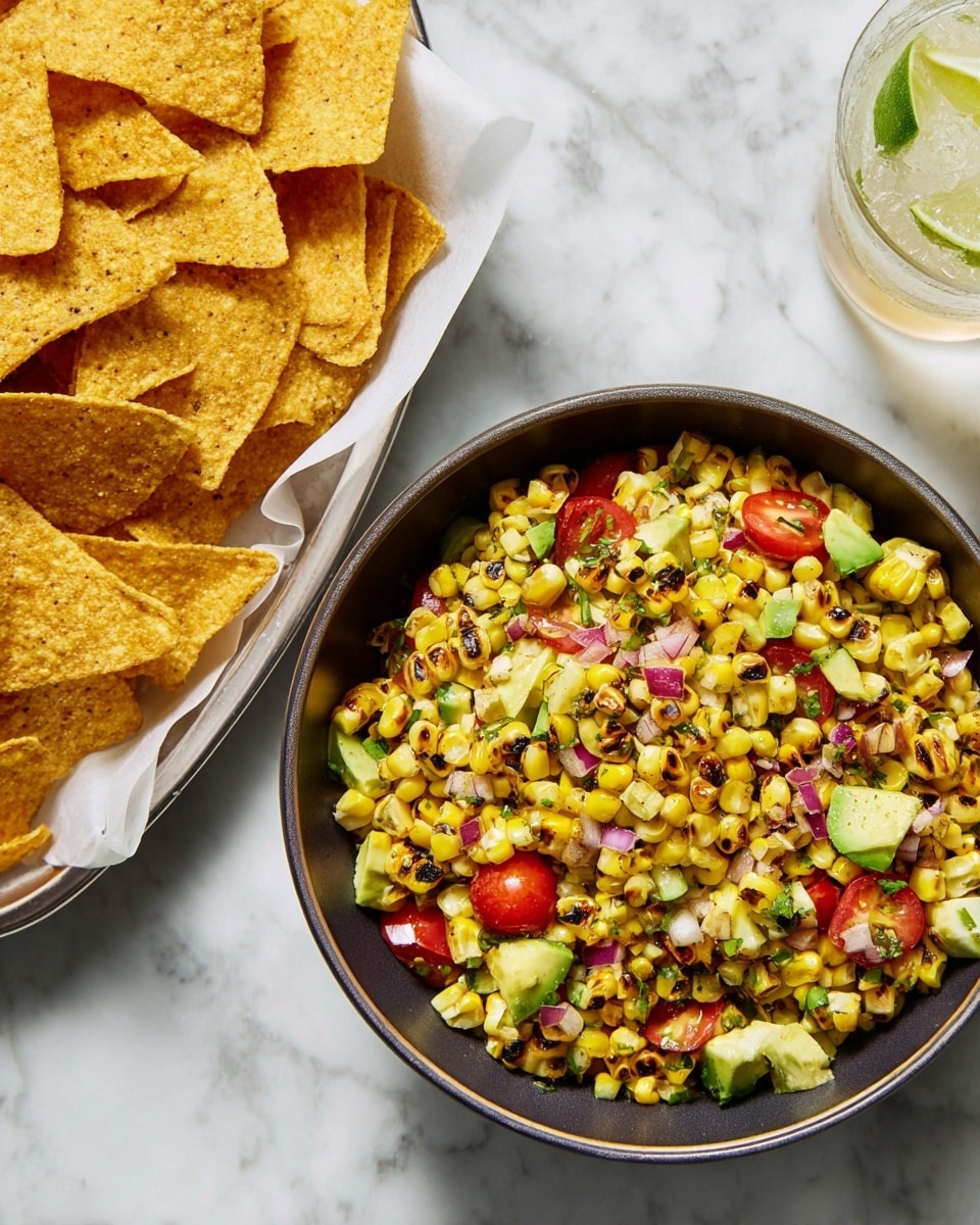 A close-up of a dark bowl filled with a colorful grilled corn salad with three main layers: the base layer is bright yellow corn kernels with black char marks, mixed with green avocado chunks and red cherry tomato halves; scattered throughout are small pieces of chopped red onion and green herbs, adding texture and color variety. To the left of the bowl is a white dish lined with white paper, piled with large, thick, triangular yellow tortilla chips that have a rough, crispy texture. The background is a white marbled surface with a glass of clear drink garnished with a lime wedge in the top right corner. photo taken with an iphone --ar 4:5 --v 7