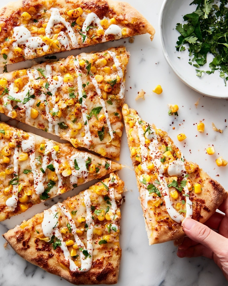 The image shows five slices of flatbread pizza placed on a white marbled surface. The pizza has one visible layer of golden brown crust topped with melted cheese, bright yellow corn kernels, red seasoning sprinkled across, and green chopped herbs scattered unevenly. White creamy sauce is drizzled in a few wide lines on top. A woman's hand is holding the slice on the far right, with bits of cheese and herbs scattered around. On the top right corner, there is a glimpse of a white plate with fresh green herbs. Photo taken with an iphone --ar 4:5 --v 7
