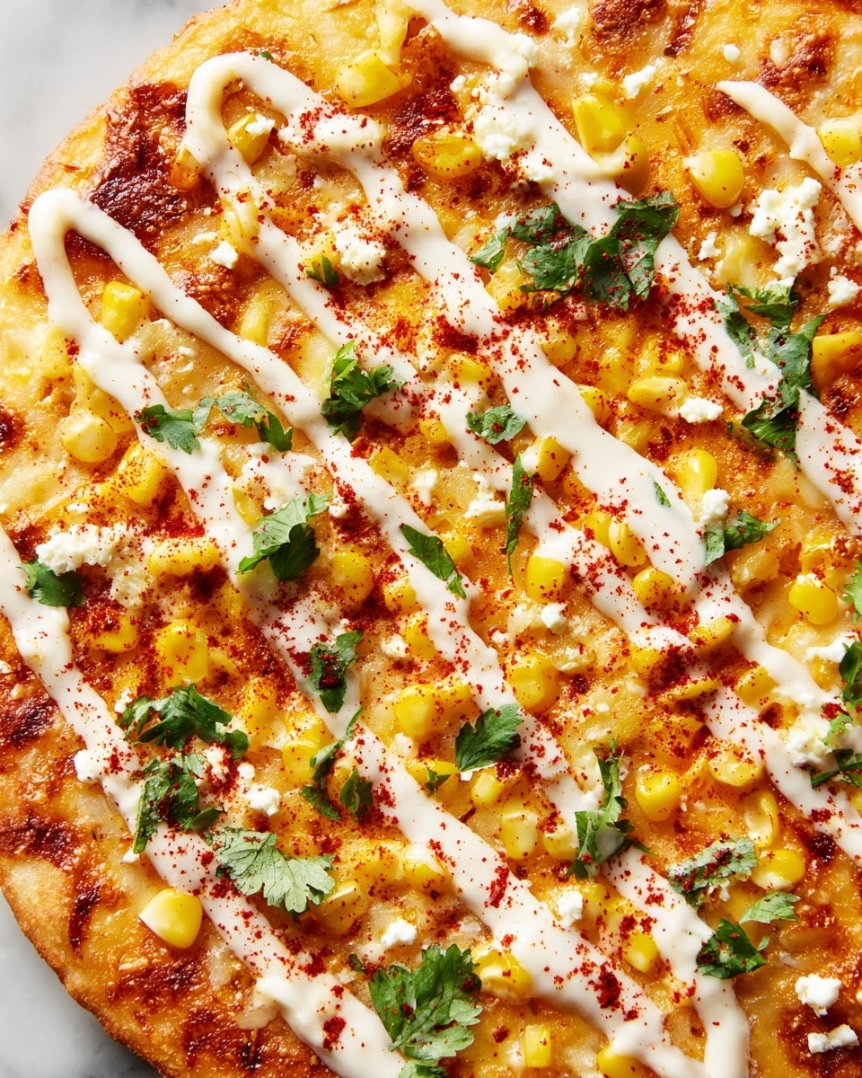 A close-up view of a flat base layer covered with melted, light golden cheese scattered with bright yellow corn kernels; topped with white cream sauce drizzled in diagonal lines across the surface, sprinkled with red chili powder for a vibrant contrast; fresh green cilantro leaves are spread evenly for color and texture, along with small bits of crumbly white cheese, all presented on a white marbled background. photo taken with an iphone --ar 4:5 --v 7