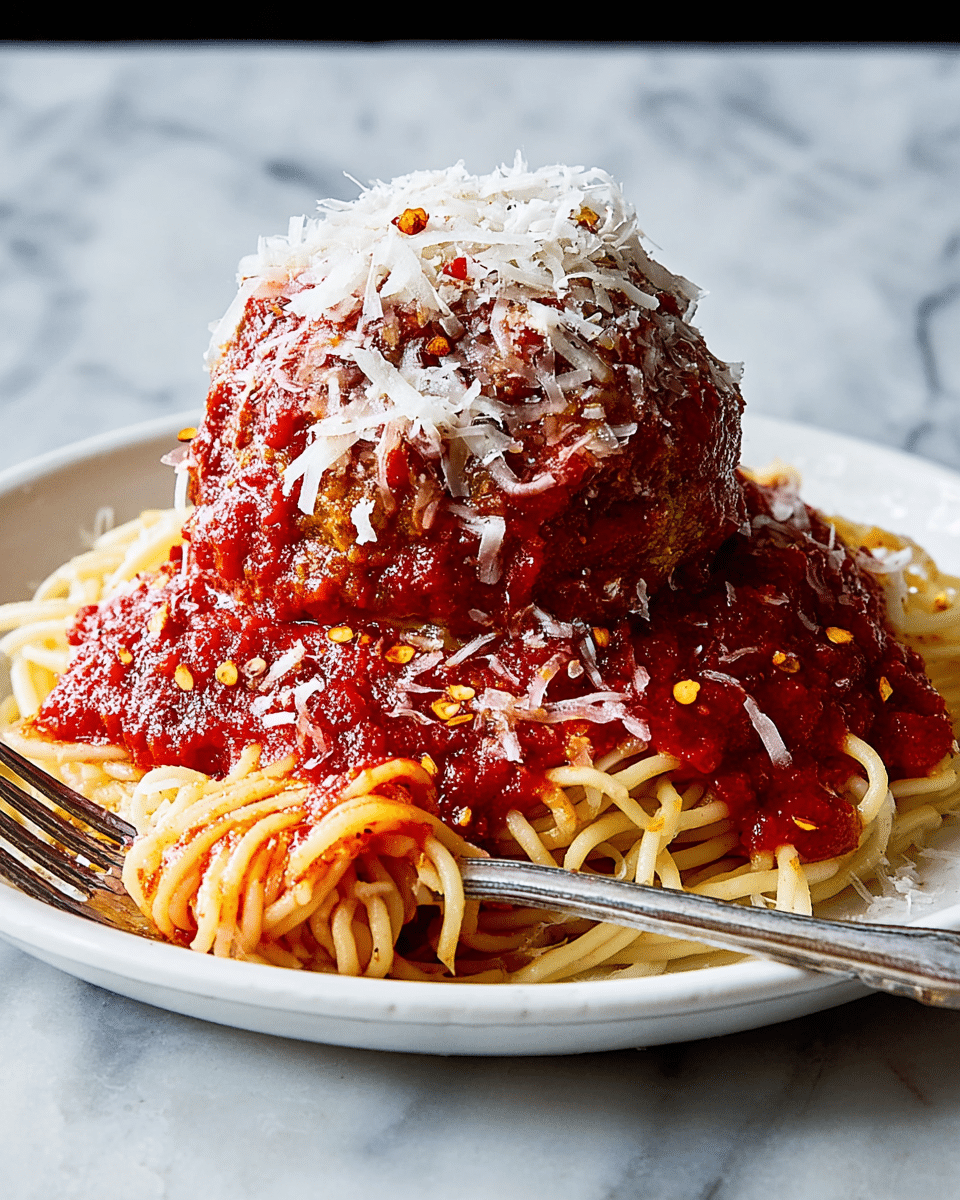 A white plate holds a serving of spaghetti with a thick layer of red tomato sauce covering the pasta at the base. On top sits a large, round meatball drenched in more tomato sauce, forming the second layer. The entire meatball and sauce mound is sprinkled generously with shredded white cheese and scattered red chili flakes, adding texture and color contrast. A fork rests on the spaghetti near the front, partially covered with sauce and pasta strands. The dish is set against a white marbled textured surface. photo taken with an iphone --ar 4:5 --v 7