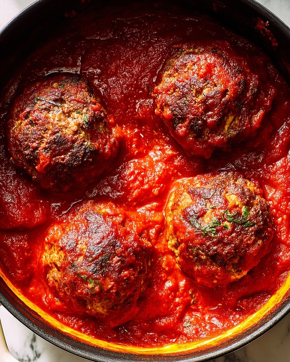 The image shows a close-up top view of a black pot with four large meatballs evenly spaced inside, each covered in thick, rich red tomato sauce. Each meatball has a slightly browned, textured surface with bits of herbs visible, sitting in a bed of chunky, vibrant red sauce that surrounds and partially covers the meatballs. The edge of the pot is yellow, sitting on a white marbled surface, adding contrast to the deep red and brown colors of the dish. The lighting highlights the glossy, saucy texture and the firmness of the meatballs, creating a warm, inviting look. photo taken with an iphone --ar 4:5 --v 7