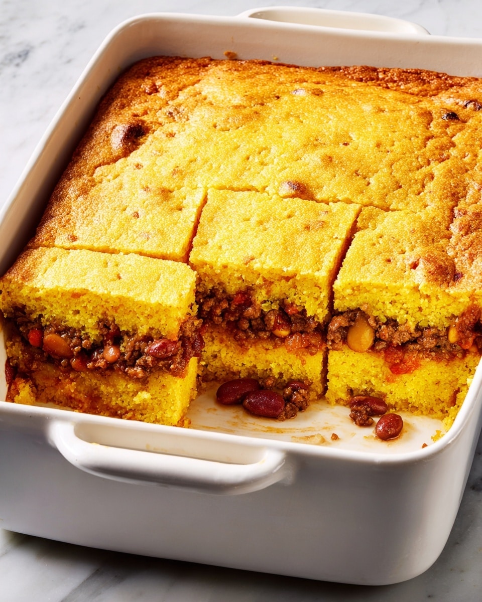A white rectangular baking dish holds a layered casserole with three visible layers. The top layer is a thick, golden yellow cornbread crust with a slightly rough texture and browned edges. The middle layer is a mix of cooked ground meat and beans, showing dark brown and reddish colors with some small pieces of vegetables. The bottom layer is another thick, golden yellow cornbread base matching the top. Three square pieces are cut out from the left side, showing the filling clearly. The dish is placed on a white marbled surface. Photo taken with an iphone --ar 4:5 --v 7