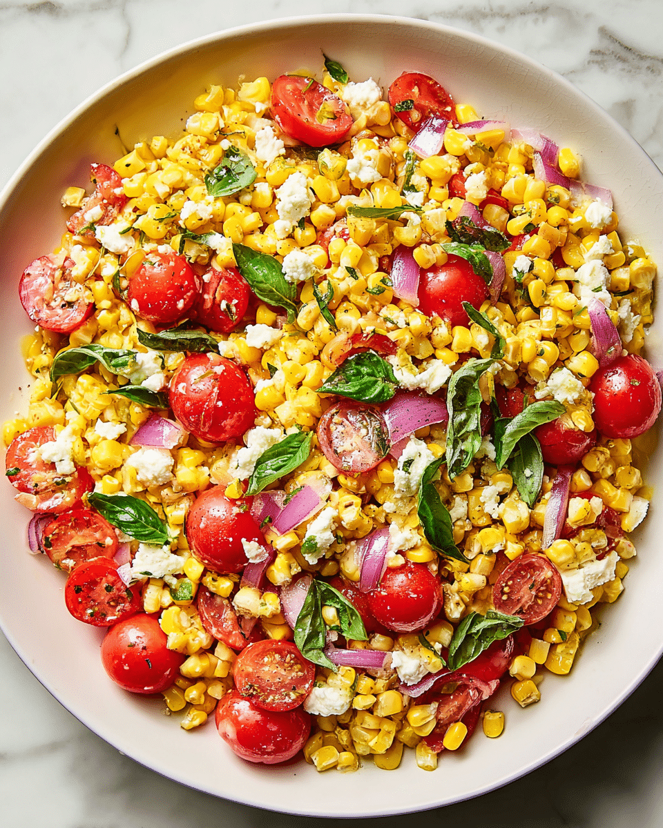 A white plate filled with a colorful salad made of bright yellow corn kernels and corn cuttings as the base layer, topped with vibrant red cherry tomato halves scattered evenly across the surface. There are small pieces of purple-red diced onion mixed throughout along with fresh green basil leaves. Small crumbles of white cheese are spread on top, adding texture and contrast. The salad looks fresh and slightly shiny with light seasoning visible. The scene is set on a white marbled surface. photo taken with an iphone --ar 4:5 --v 7