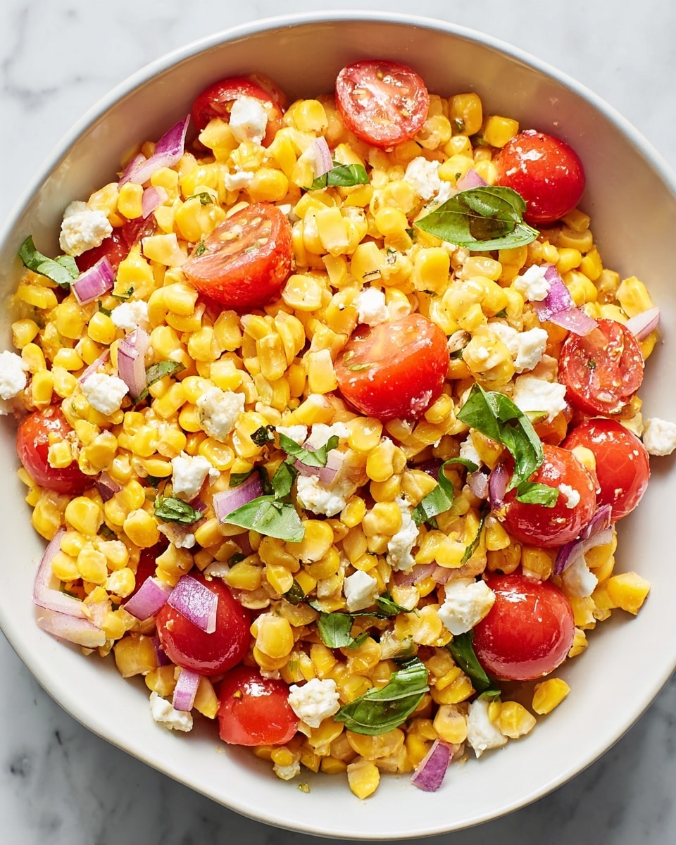 A white bowl filled with a colorful mix of bright yellow corn kernels as the main layer, scattered with red cherry tomato halves showing their juicy texture, small chunks of white cheese crumbles, bits of light purple onion, and green basil leaves adding freshness; all ingredients are evenly mixed, creating a vibrant and fresh salad look on a white marbled surface. photo taken with an iphone --ar 4:5 --v 7