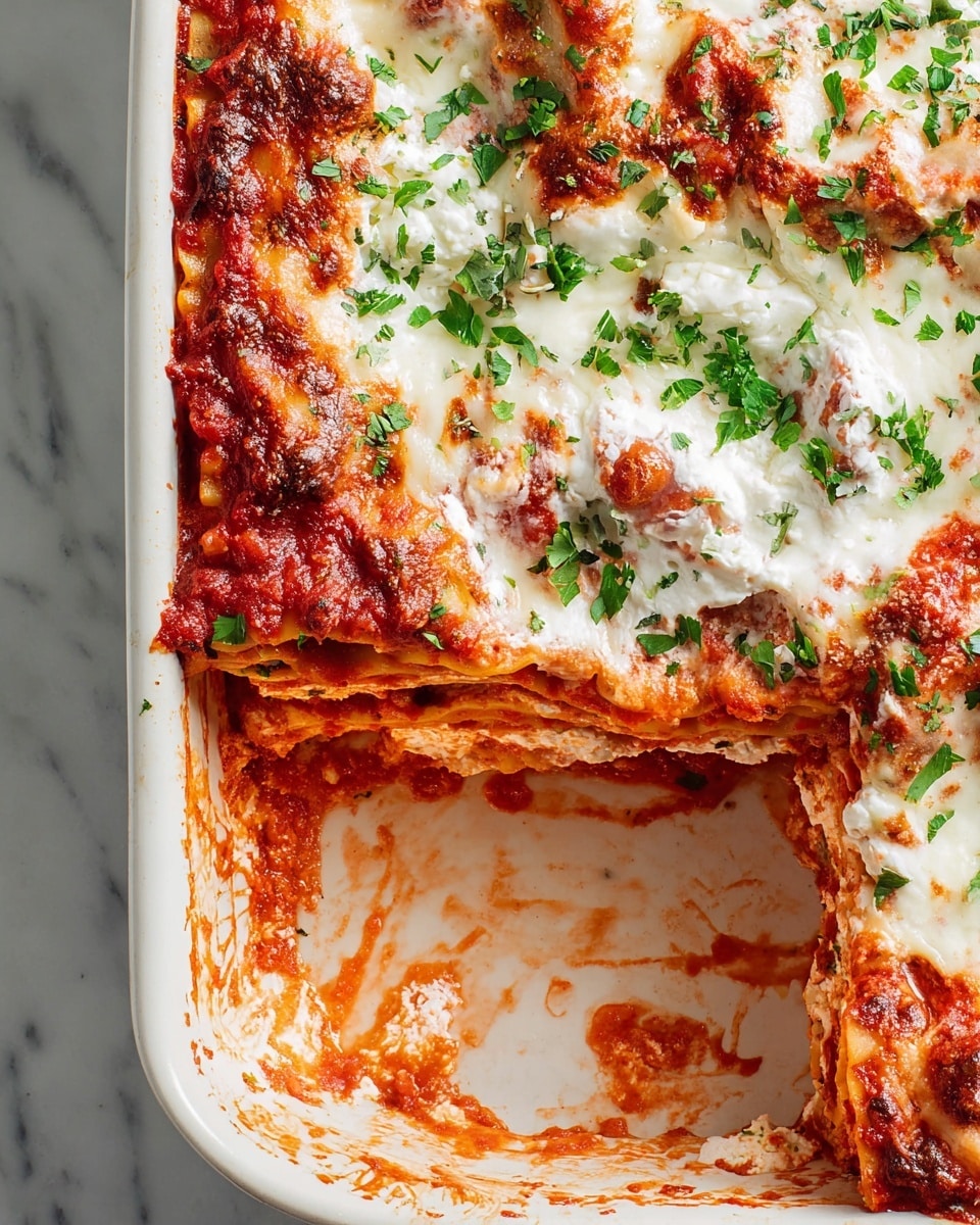 A close-up of a lasagna in a white baking dish placed on a white marbled surface, showing multiple layers starting with a red tomato sauce base, followed by flat pasta sheets, soft creamy ricotta cheese, a smooth layer of melted white mozzarella cheese with some browned spots, and garnished with chopped fresh green herbs scattered over the top. One portion has been removed, revealing the visible layers and gooey texture, with sauce marks around the edges inside the dish. Photo taken with an iphone --ar 4:5 --v 7