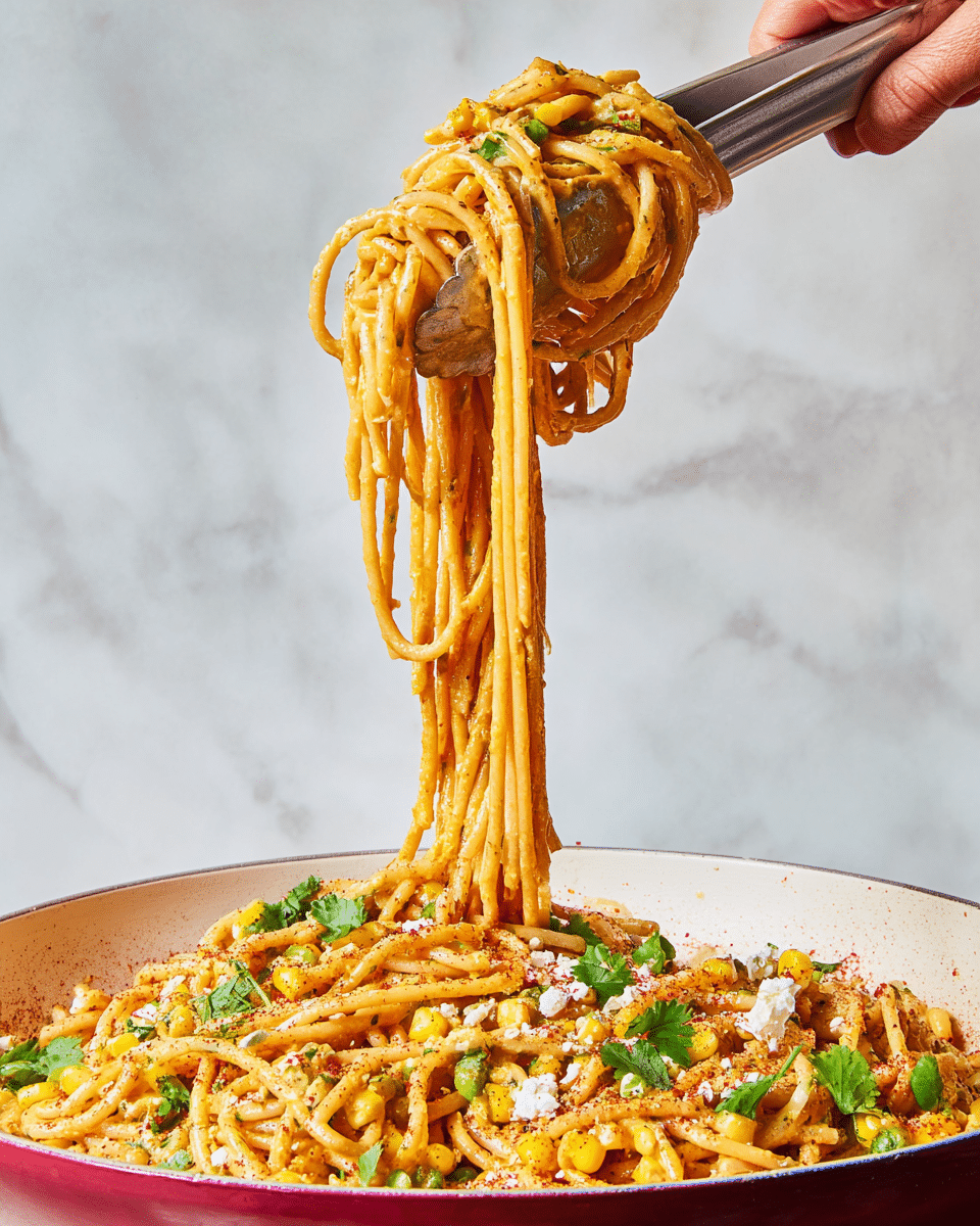 A large white pan filled with spaghetti coated in an orange sauce, lifted with silver tongs held by a woman's hand, showing the long noodles stretched upward in the air. The pasta is mixed with yellow corn kernels and green herbs scattered throughout, with a sprinkle of white cheese crumbles and a dusting of red spices on top. The background features a soft white marbled texture. photo taken with an iphone --ar 4:5 --v 7